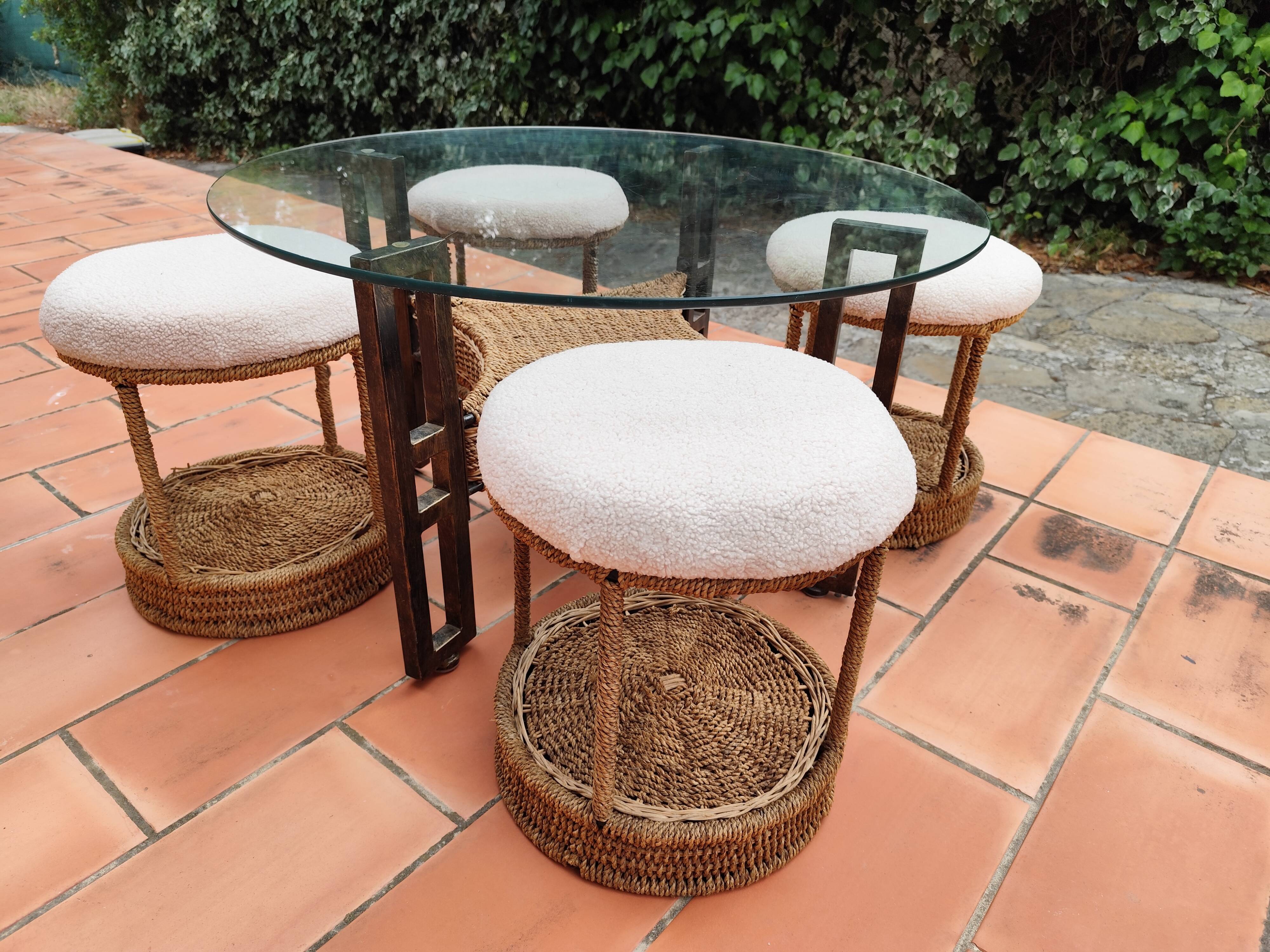 Vintage 1970s rope & rattan coffee table and 4 stools