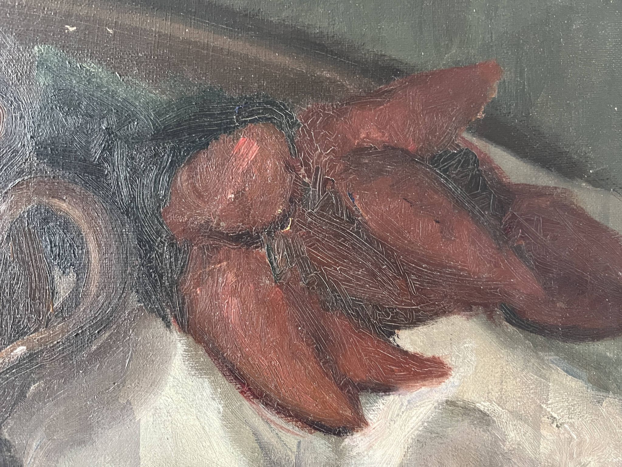 Oil on canvas still life with fish from the 1920s, antique painting.