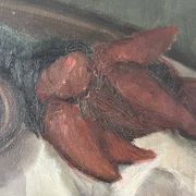 Oil on canvas still life with fish from the 1920s, antique painting.