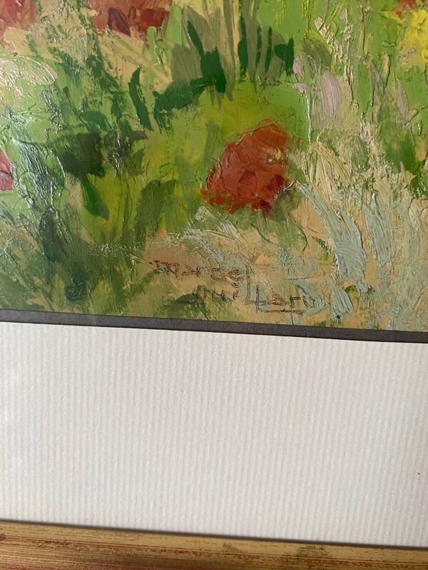 Tableau huile sur papier marcel juillard champs coquelicot cadre bois
