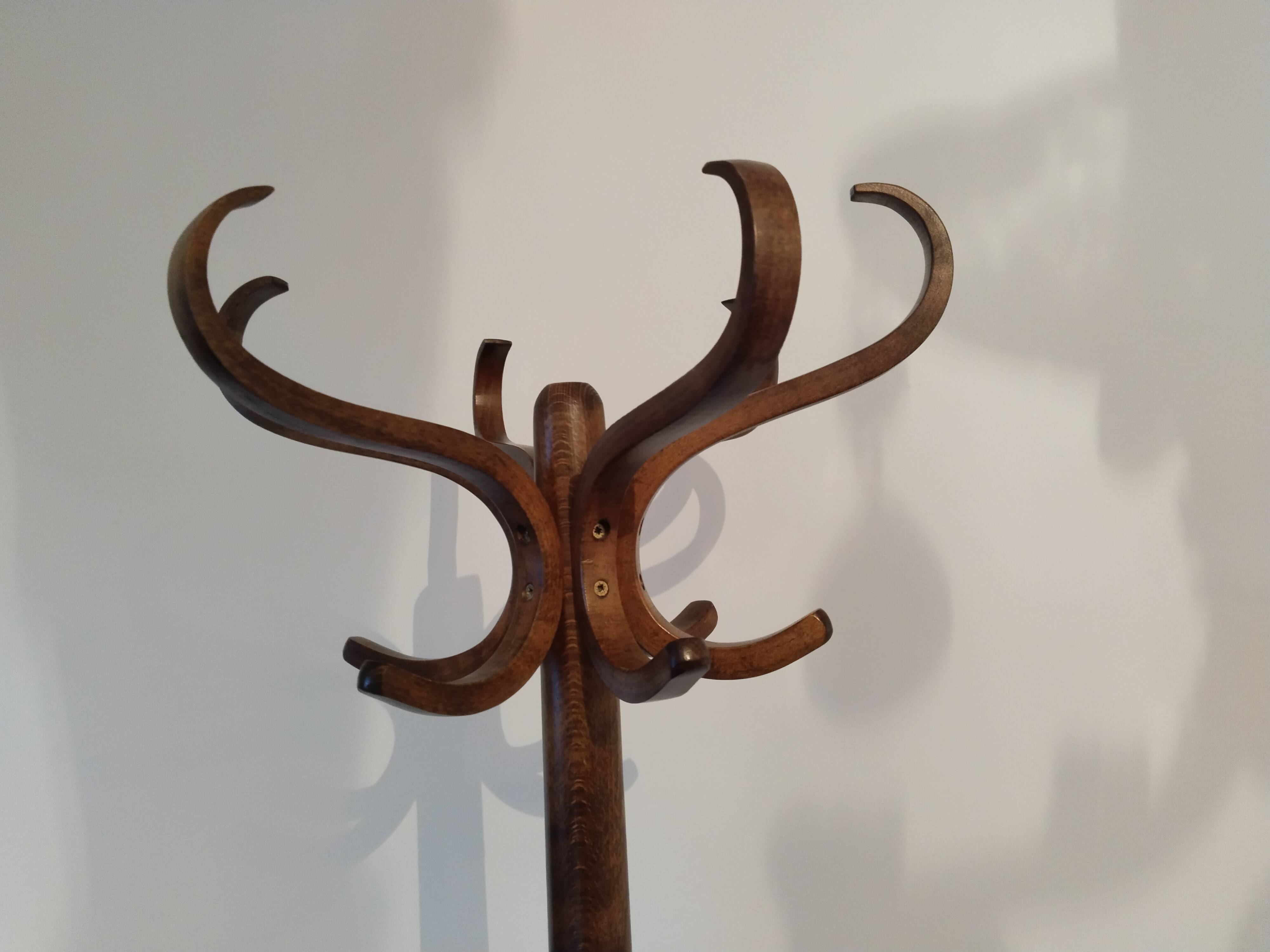 Coat rack on parrot stand, Thonet Baumann style, turned wood, 1950s