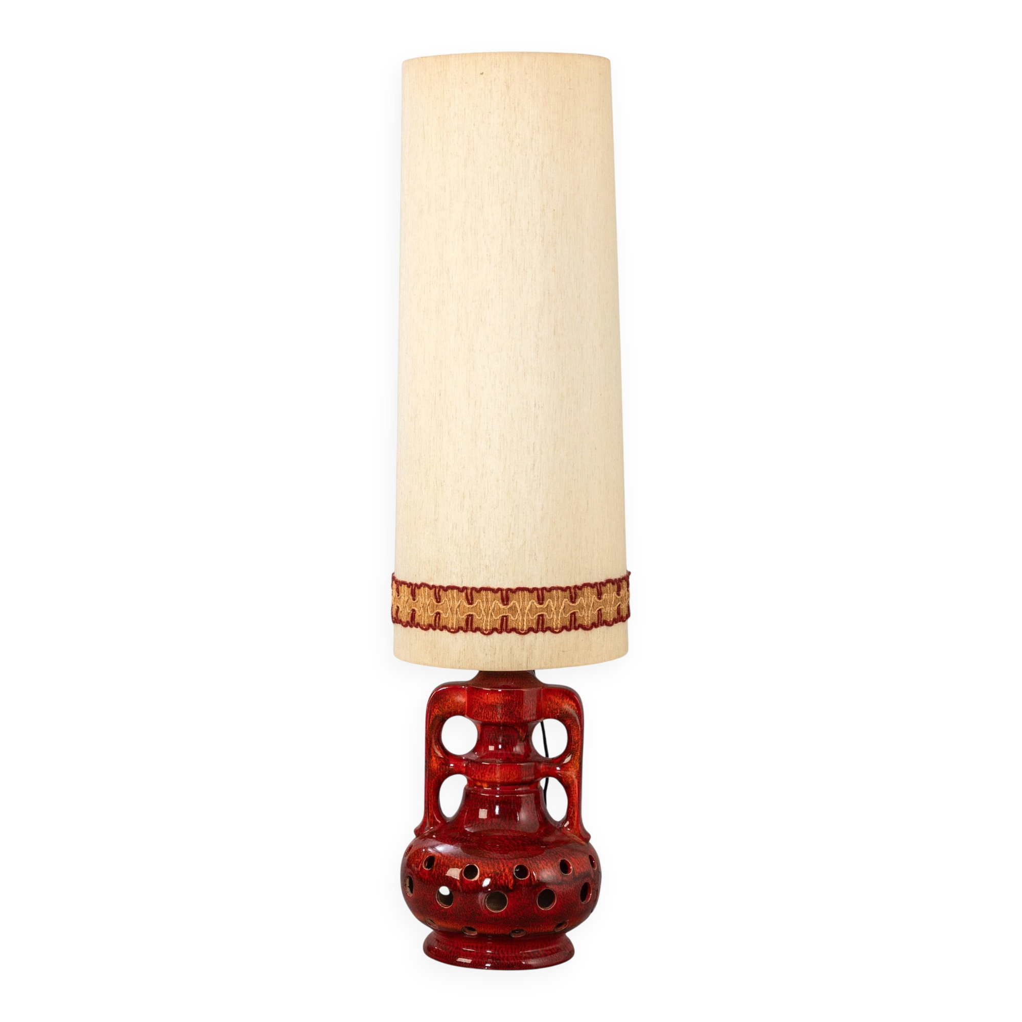 Ceramic Tall Enamelled Lamp in Red Tones Anonymous Artist France Vallauris 1960