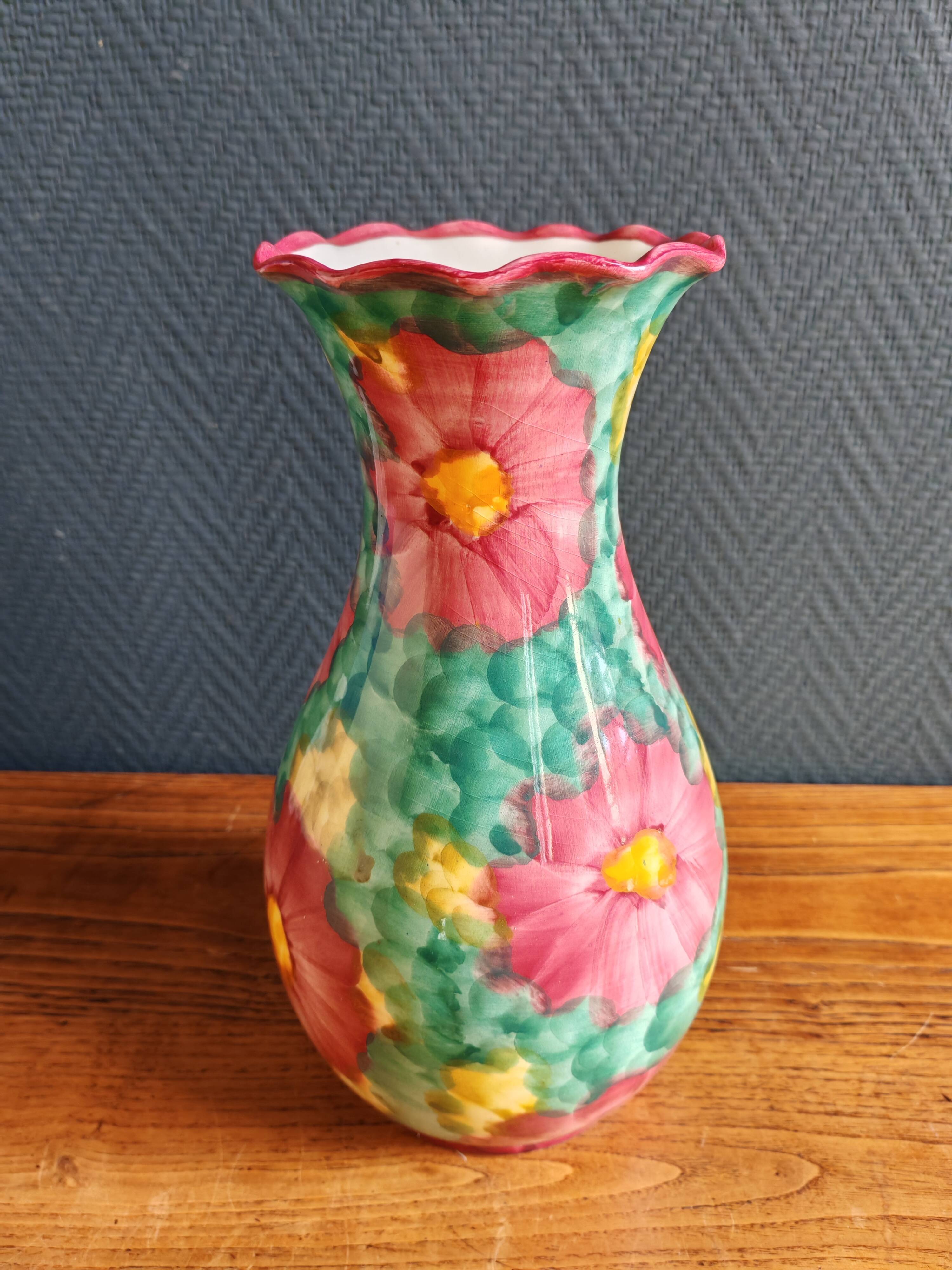 Vintage Floral Ceramic Vase - Large Barbotine Vase with Pink Flowers