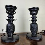 Japan Meiji period: Pair of patinated bronze candlesticks circa 1880