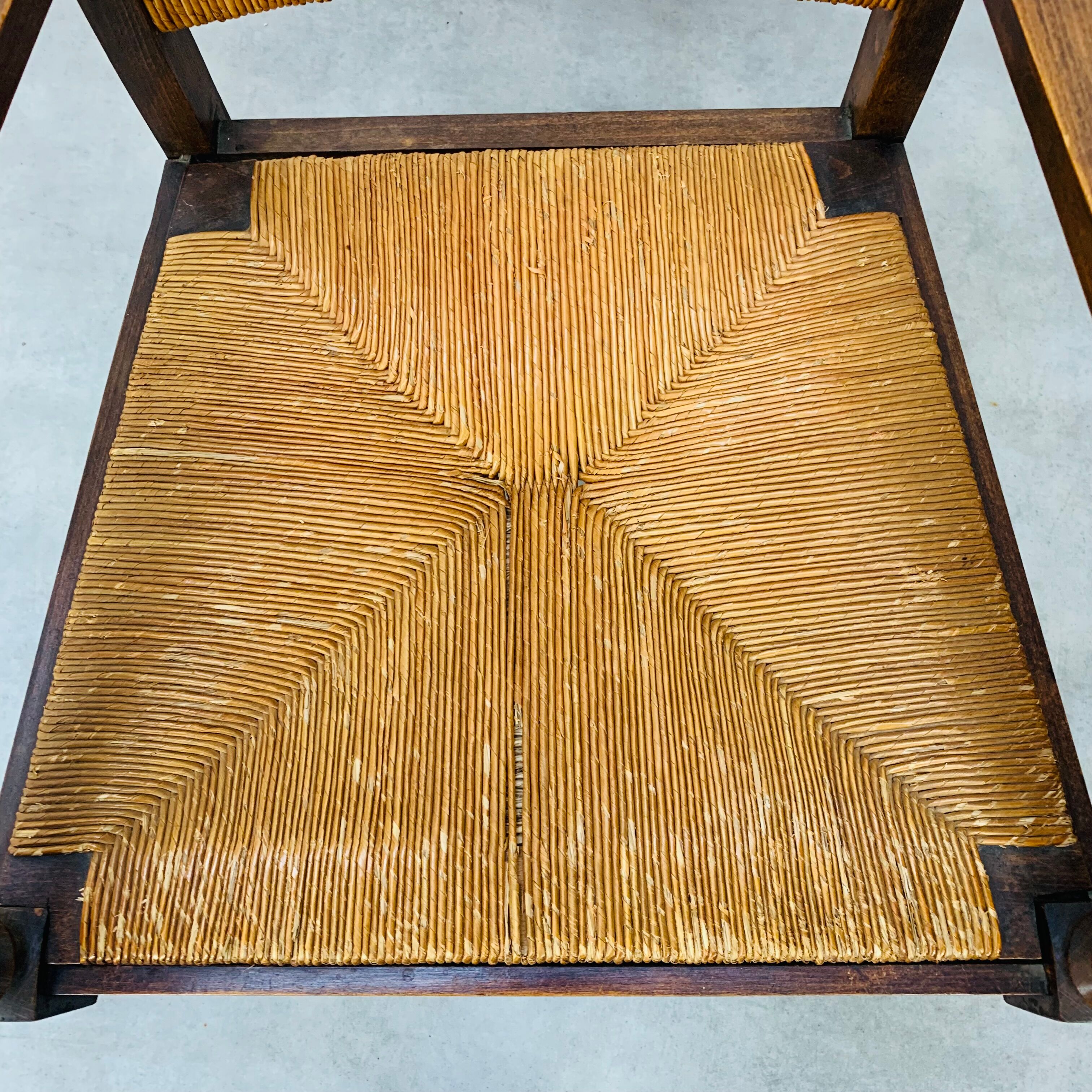 Straw and wood armchair brutalist art deco