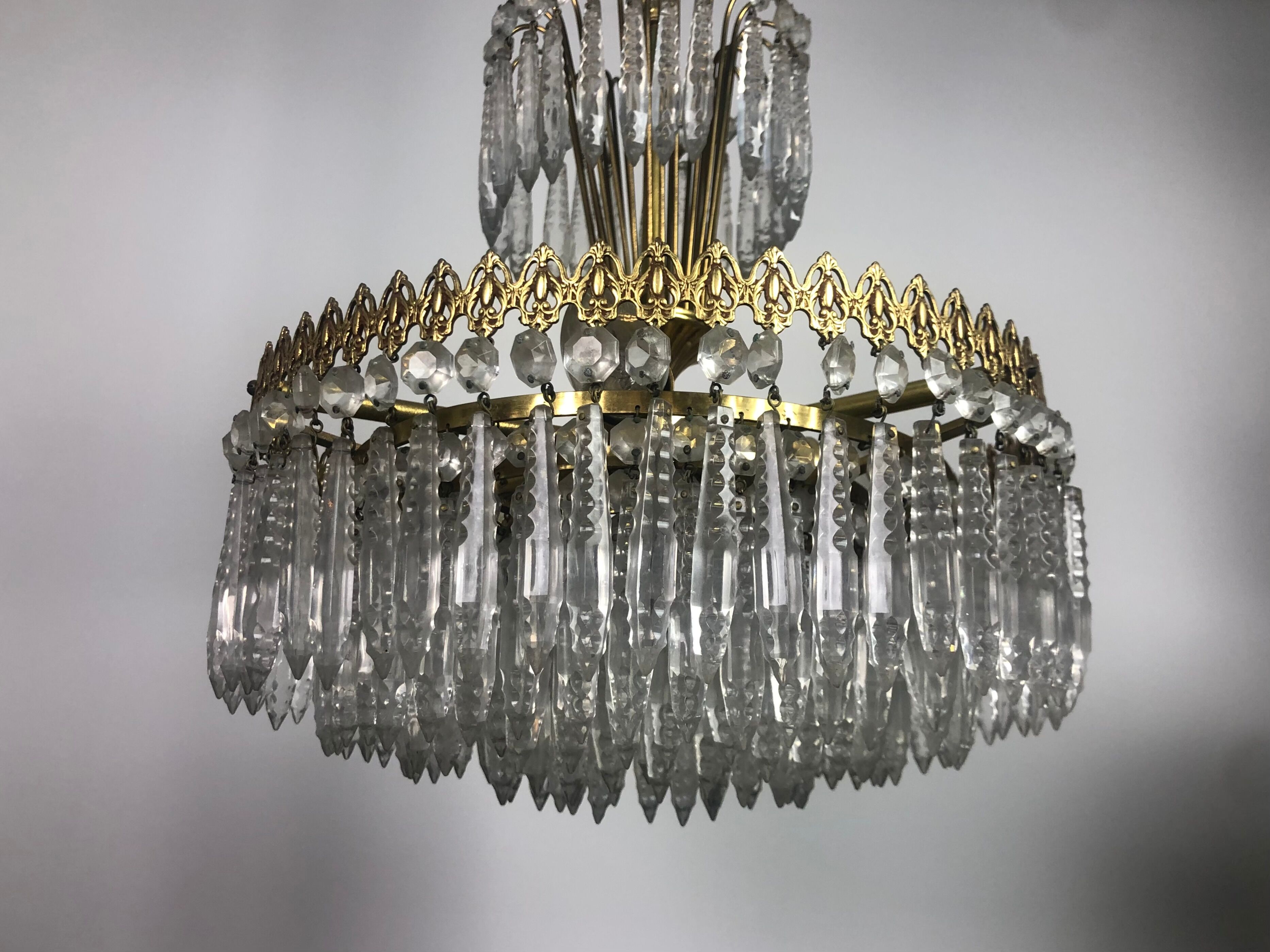 Golden brass crown chandelier and crystal taste buds 3 fires 1970