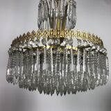 Lustre couronne en laiton doré et papilles en cristal 3 feux 1970