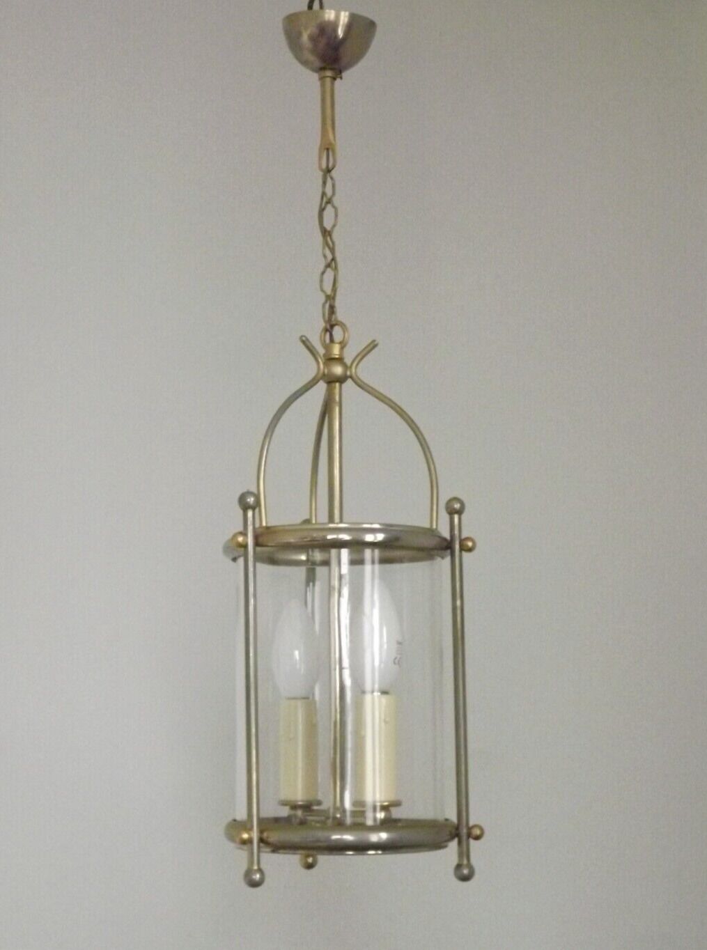 French vintage silver finished brass cylindrical glass 2 light hall lantern 3929