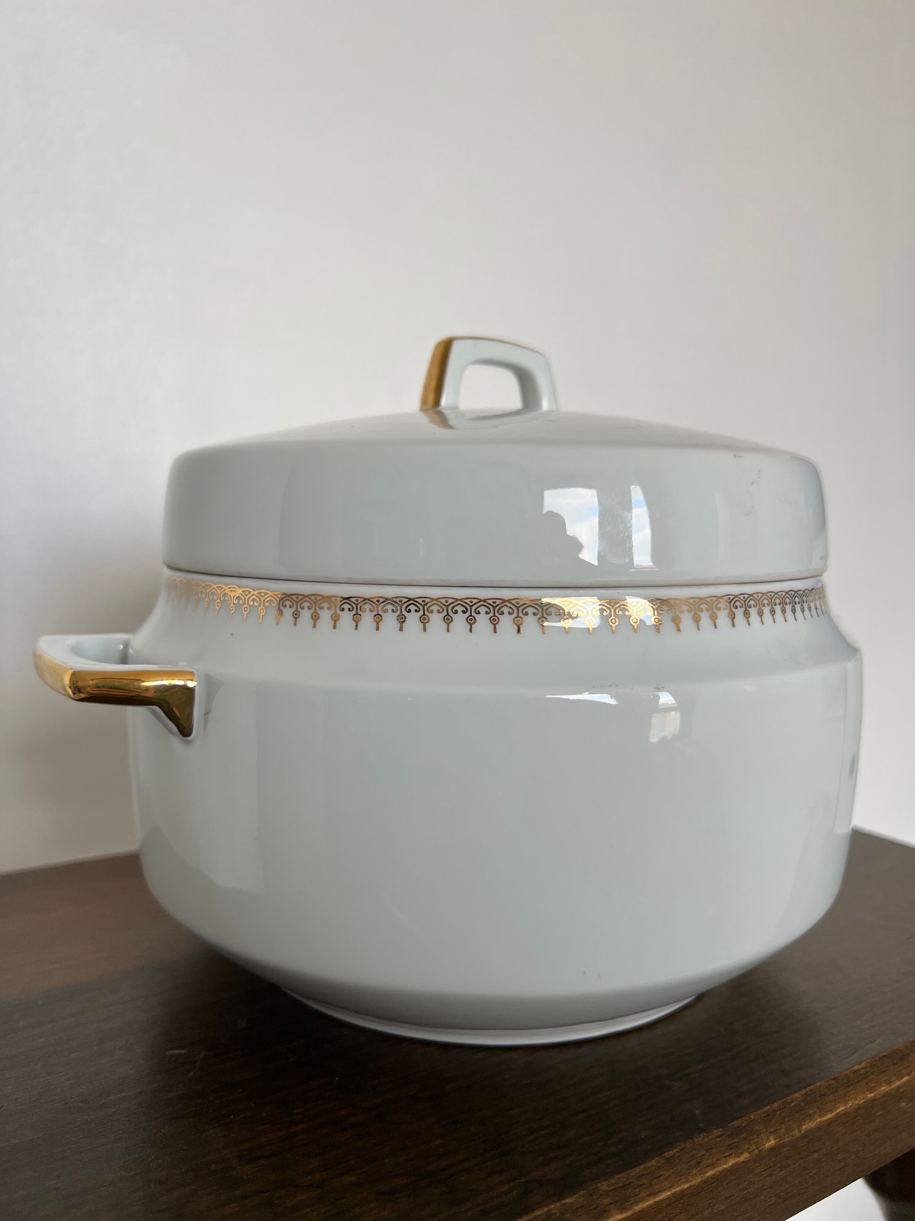 Large white tureen with gold edges art deco style