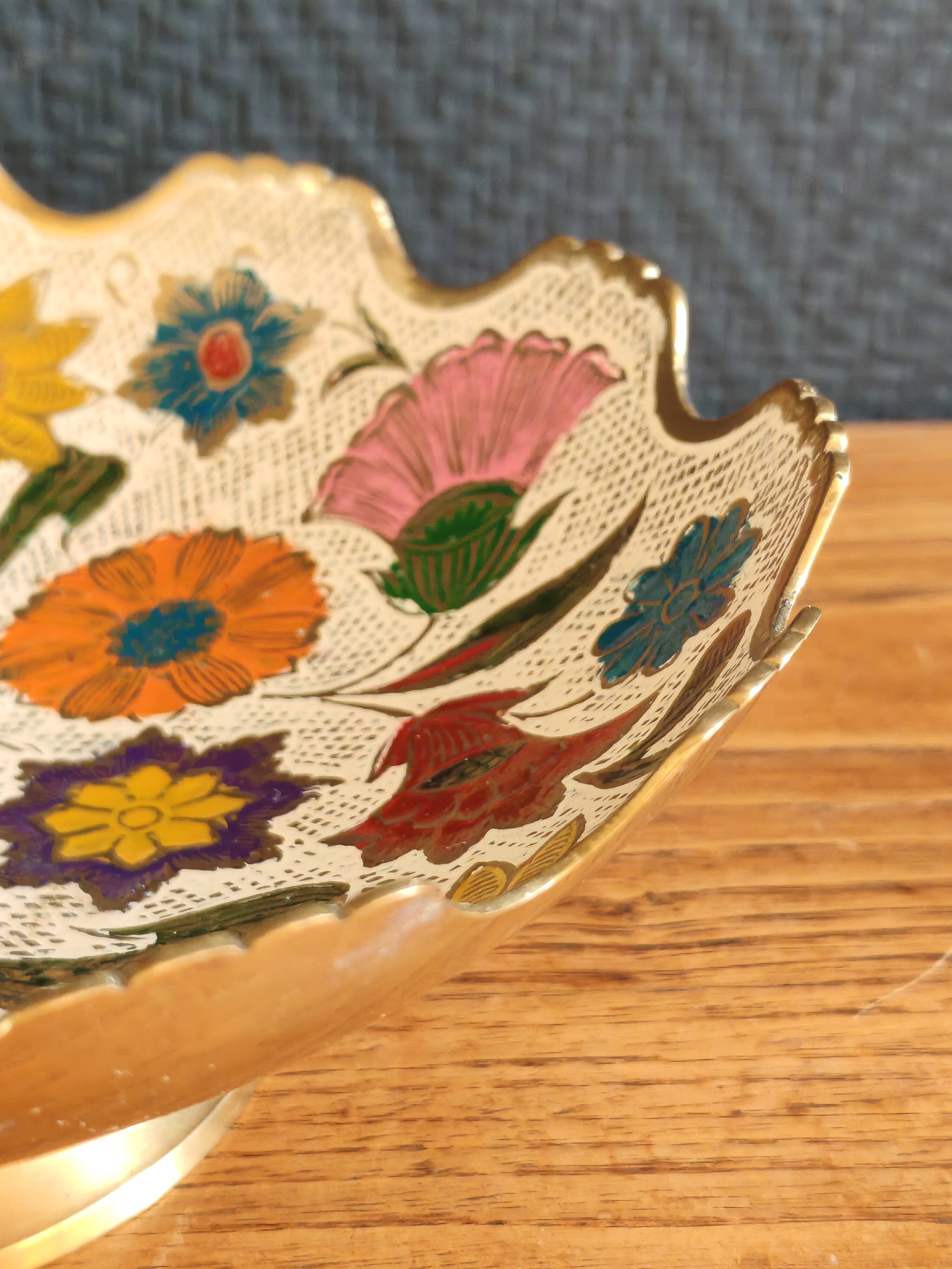 Vintage Enamelled Brass Fruit Bowl – Floral Centrepiece with Edge Fe