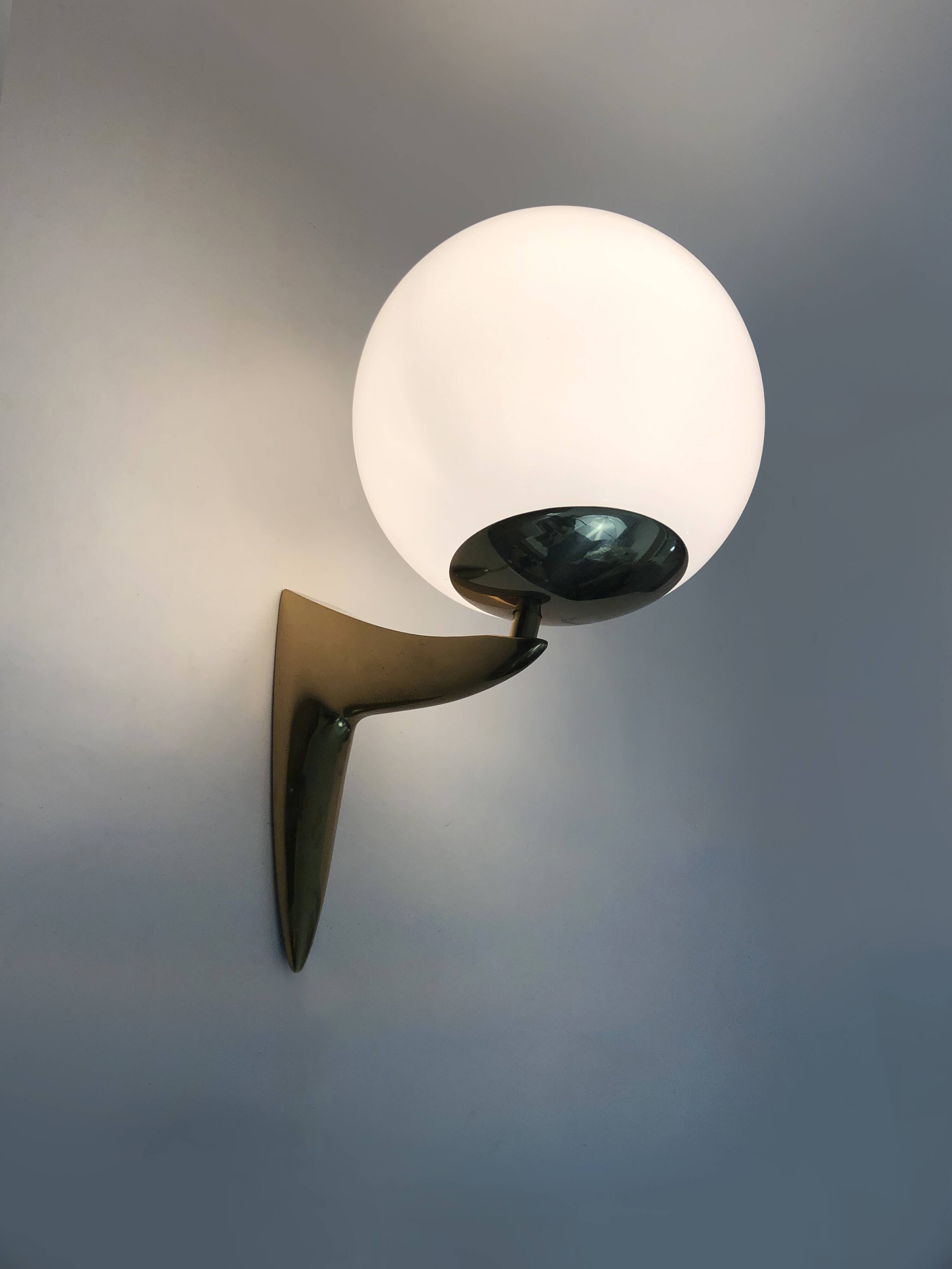 Pair of designer wall sconces in brass and opaline 1980s