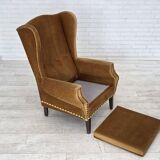 1970s, Danish high back armchair, furniture velour, oak wood legs.