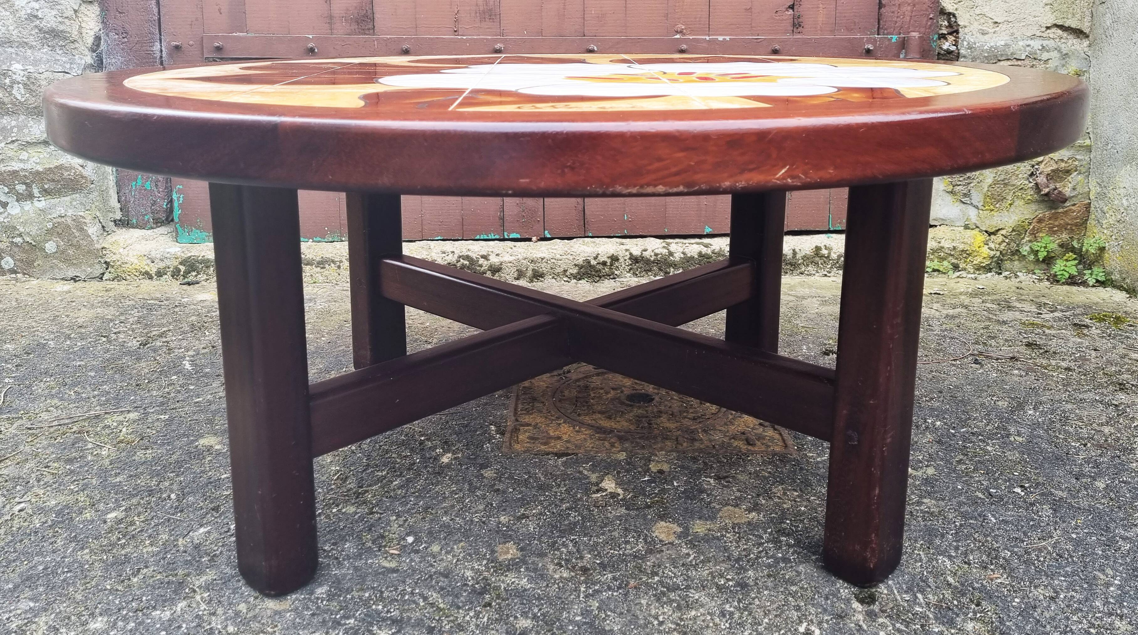 Round coffee table, B. Raynaud ceramics, flowers, vintage, 70s