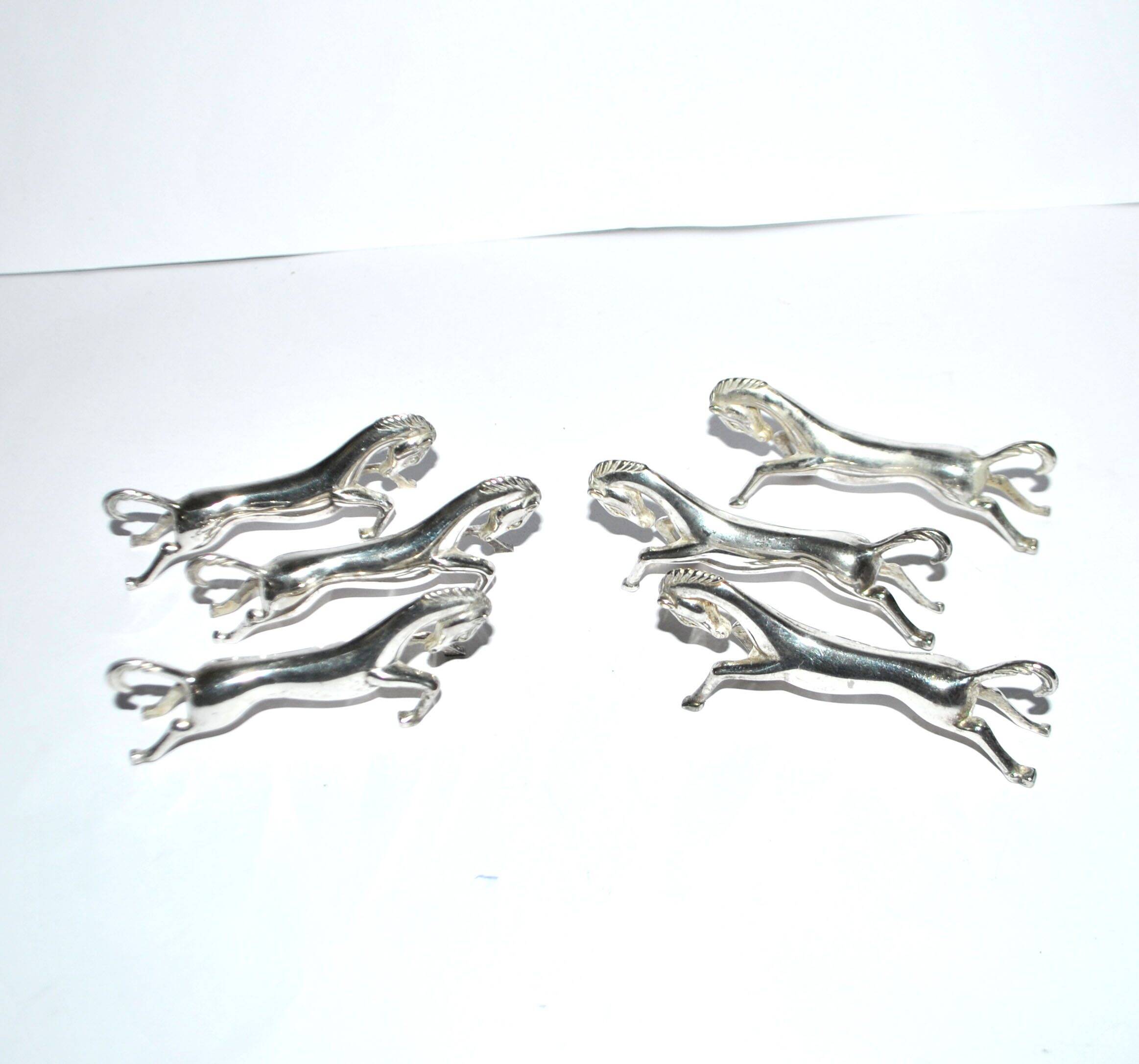 Set of 6 animal-shaped knife rests, modernist horse design in silver-plated metal, equestrian.