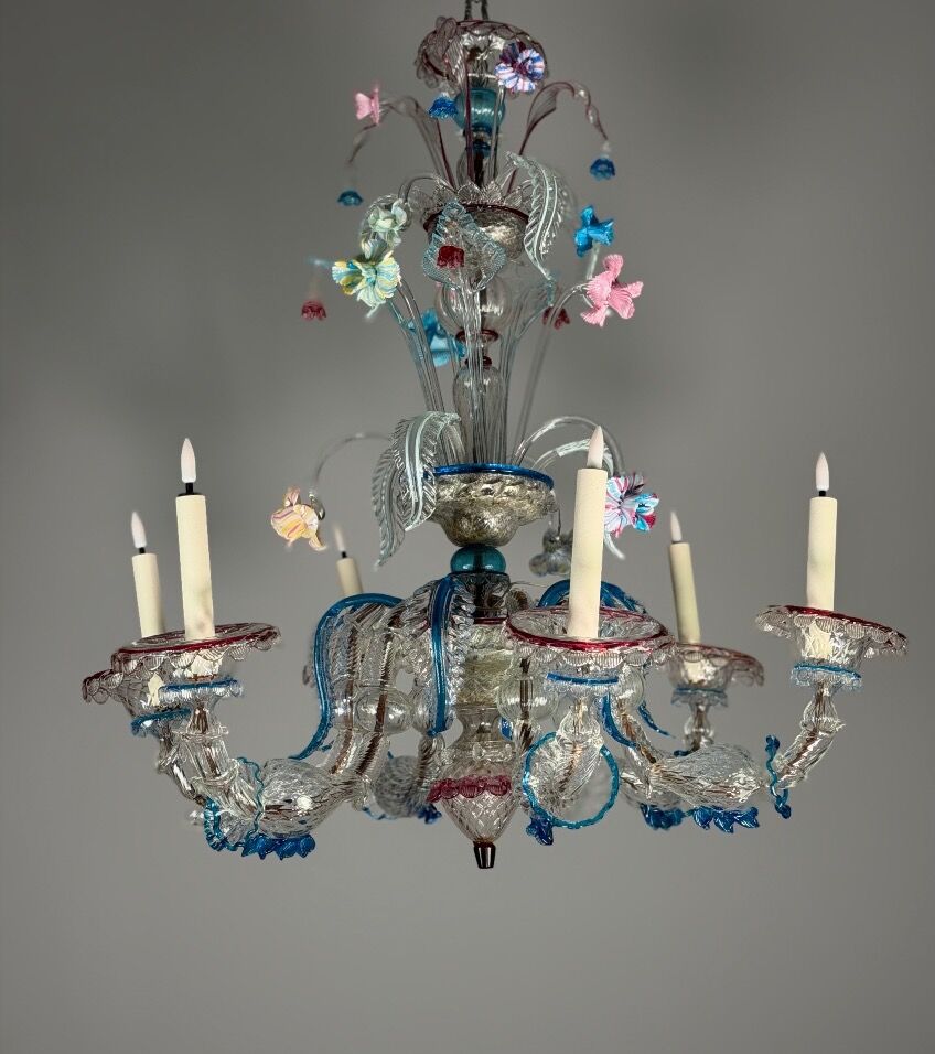 Venetian Rezzonico chandelier in multicoloured Murano glass circa 1900