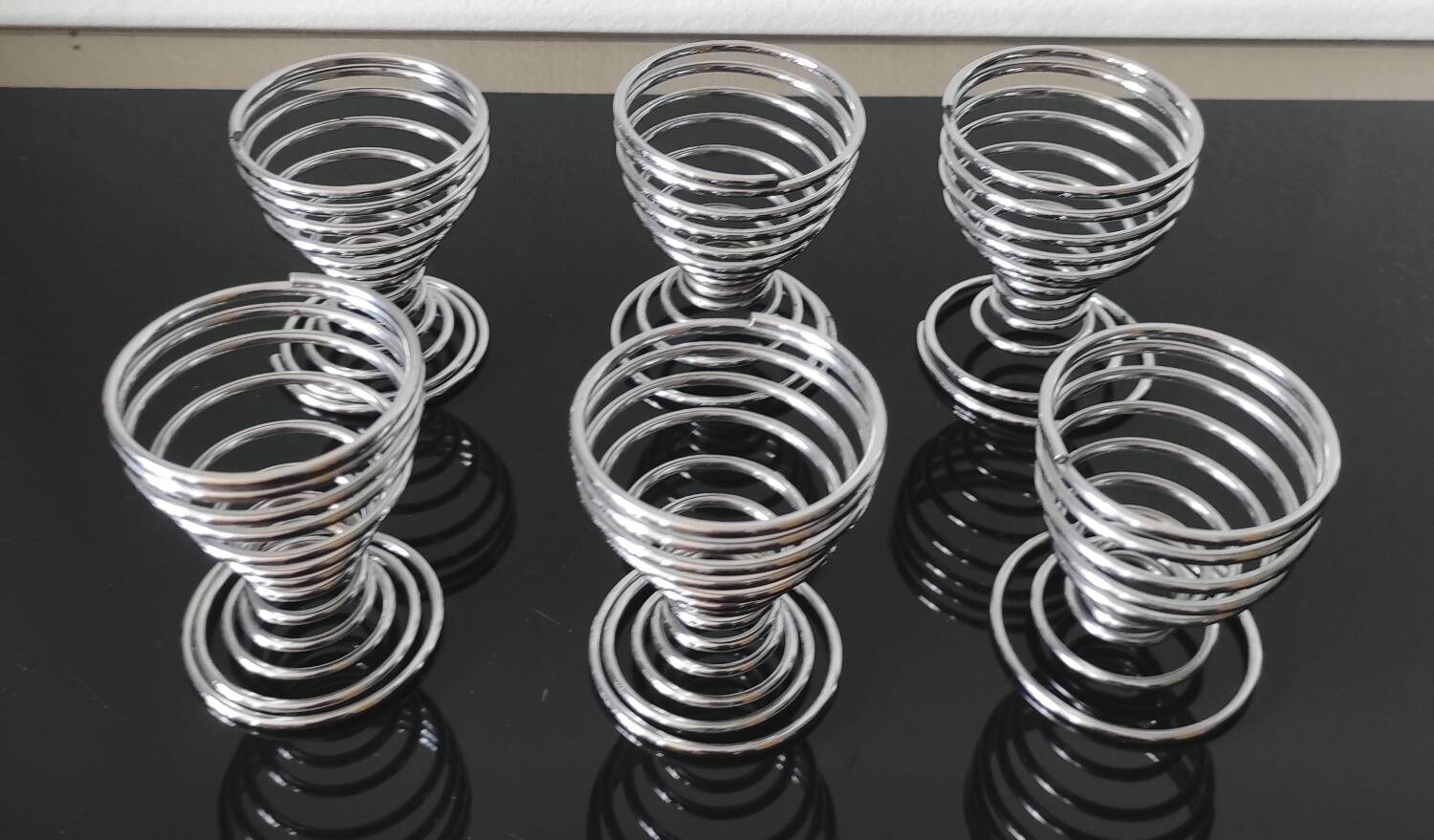 6 vintage chrome metal egg cups in spiral shape, 1970s