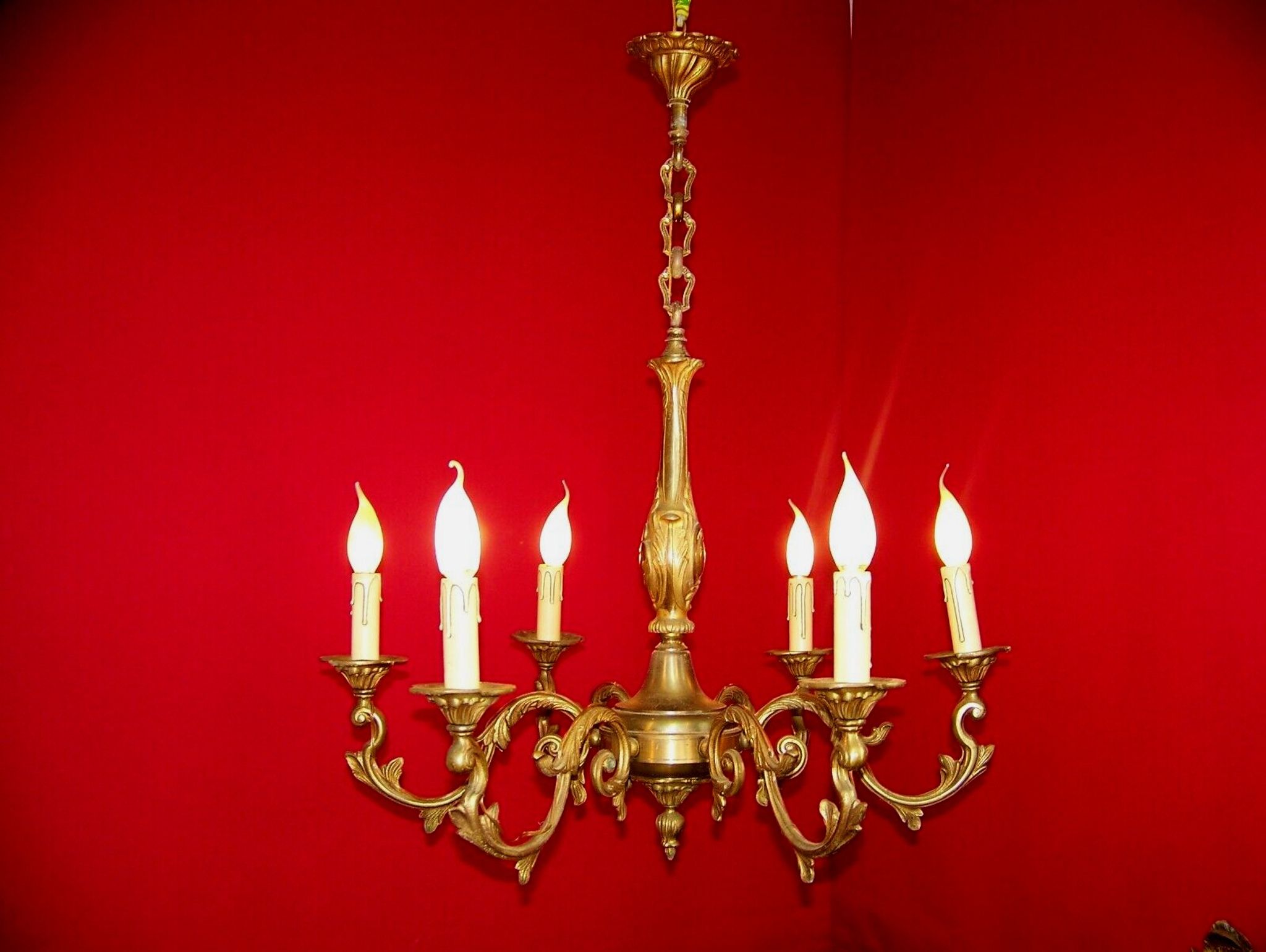French art nouveau style quality bronze 6 light chandelier