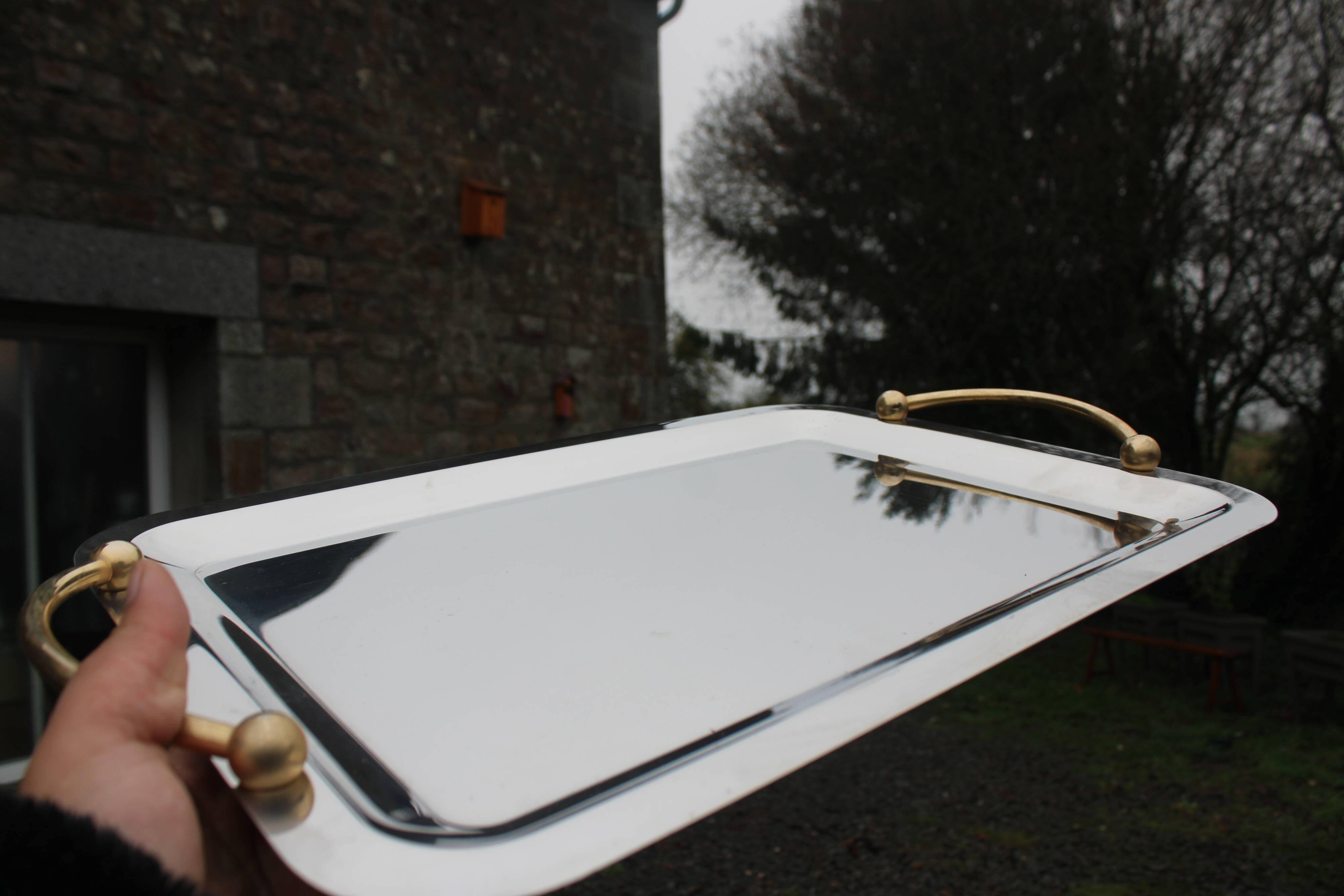 GUY DEGRENNE Serving Tray – Stainless Steel & Brass Handles – France