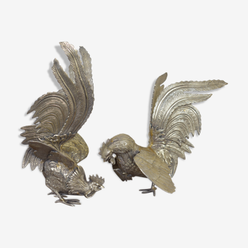 Pair of silver brass roosters