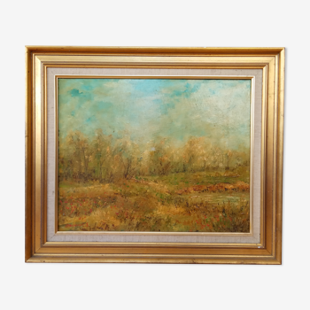 Peinture à l'huile de Joel Maquart, école Française 20ème, paysage au bord de l'etang