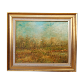 Oil painting by Joel Maquart, French school 20th, landscape at the edge of the pond