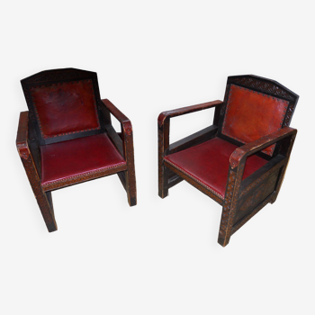 pair of North African armchairs, wood, leather and imitation