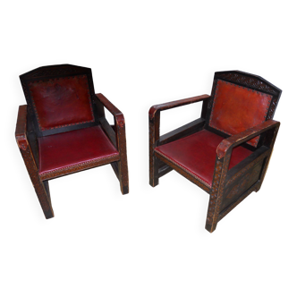 pair of North African armchairs, wood, leather and imitation