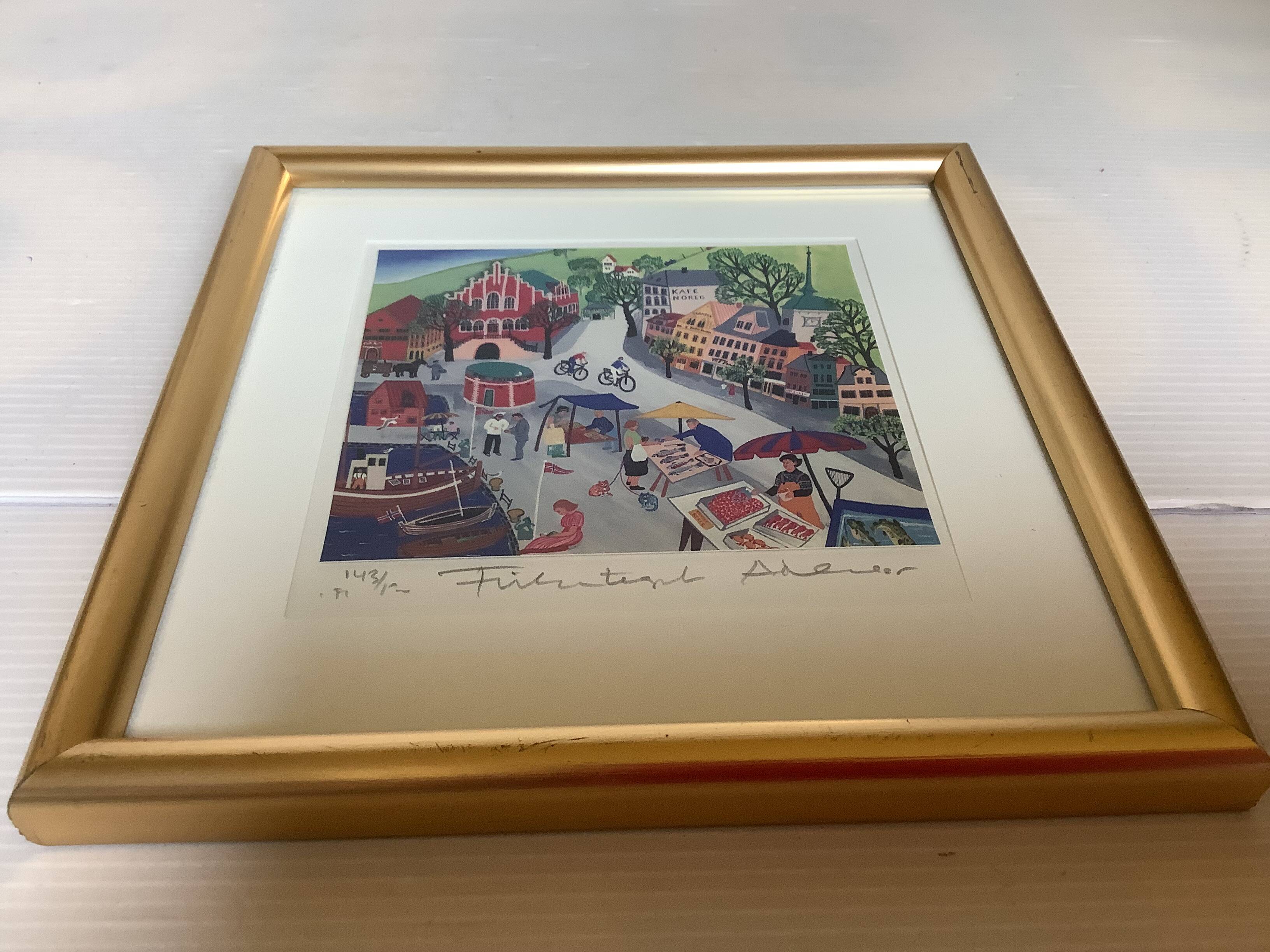 Lithograph illustration by Arvid Norendal of the market in Bergen.