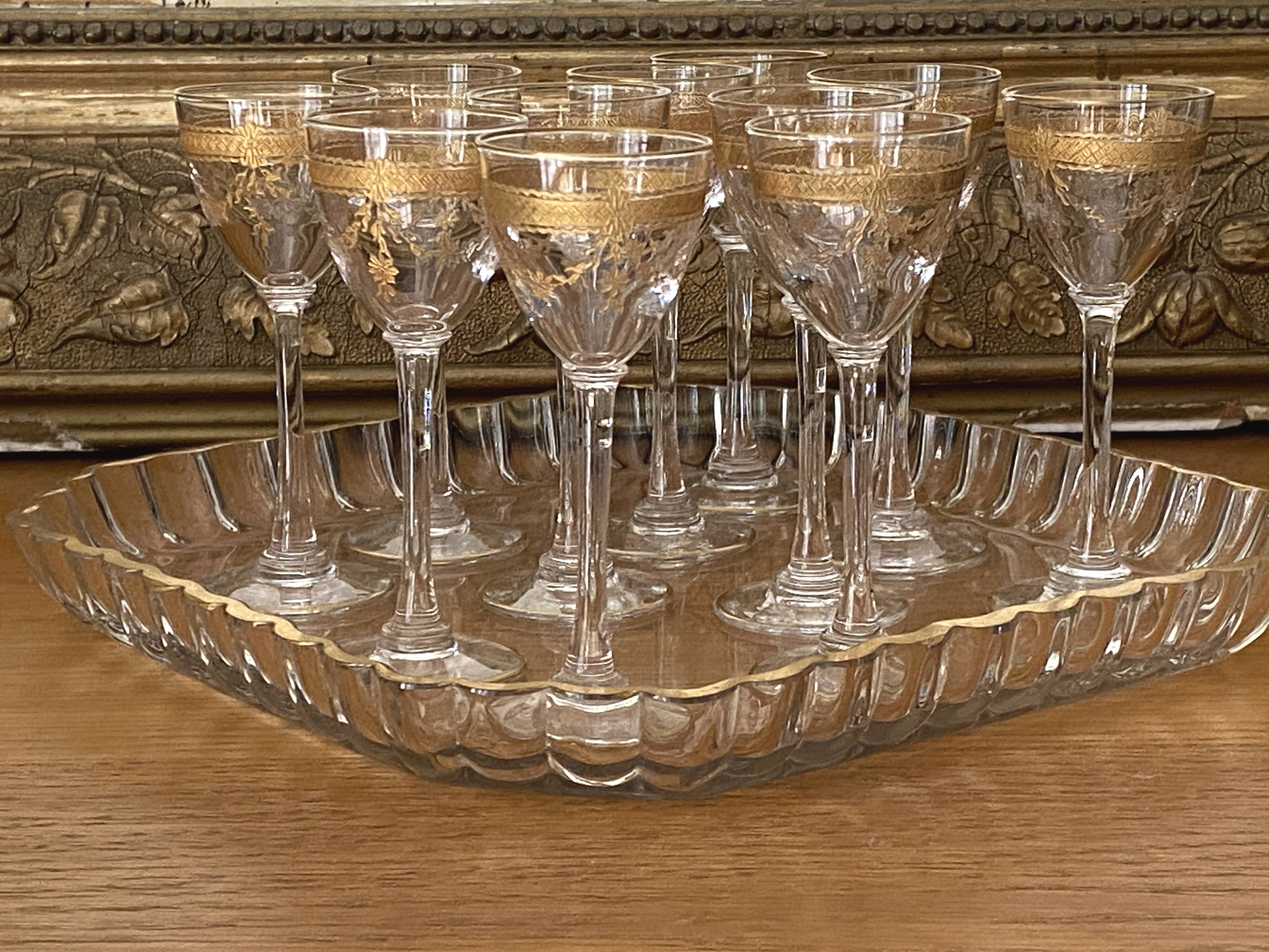 Saint Louis 14-piece liqueur set, fine 19th century gold-plated crystal