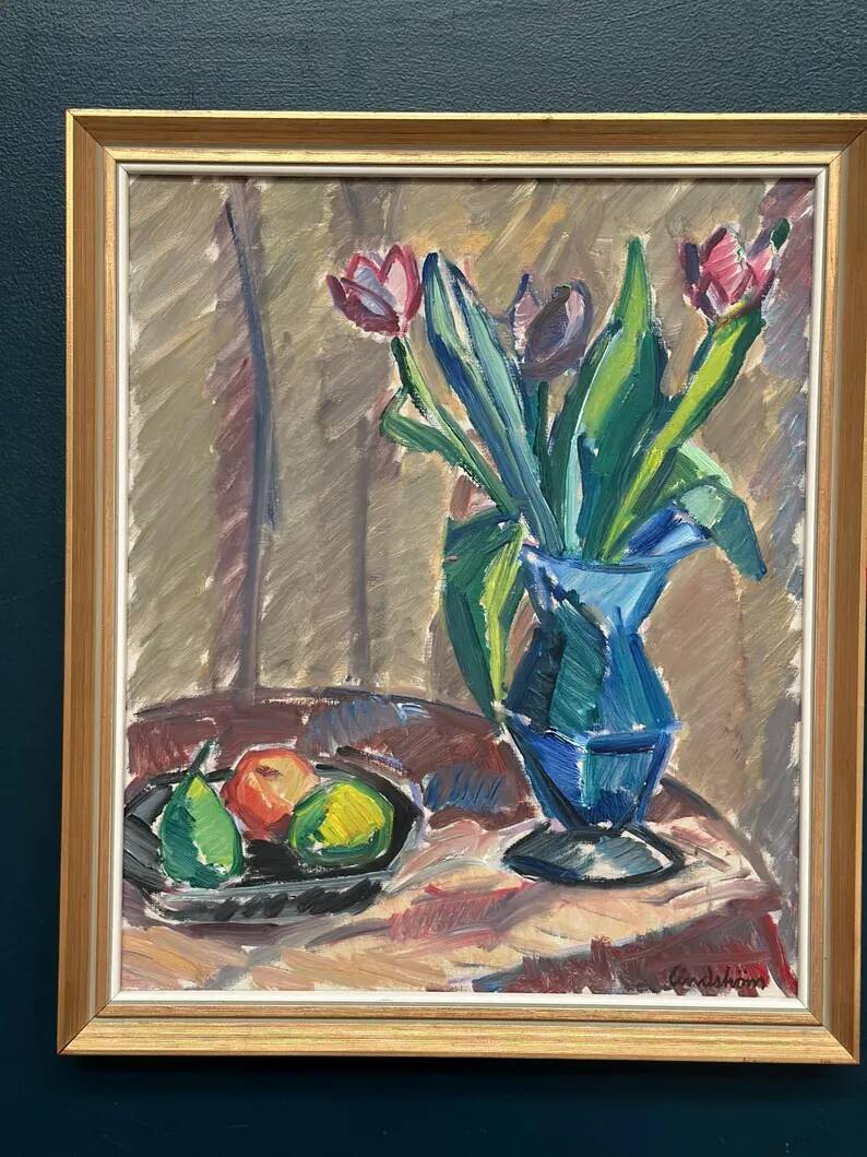 Original Swedish Oil on Canvas - 'Tulips' by Knut Lindström - Signed - Dated 1966 - Framed