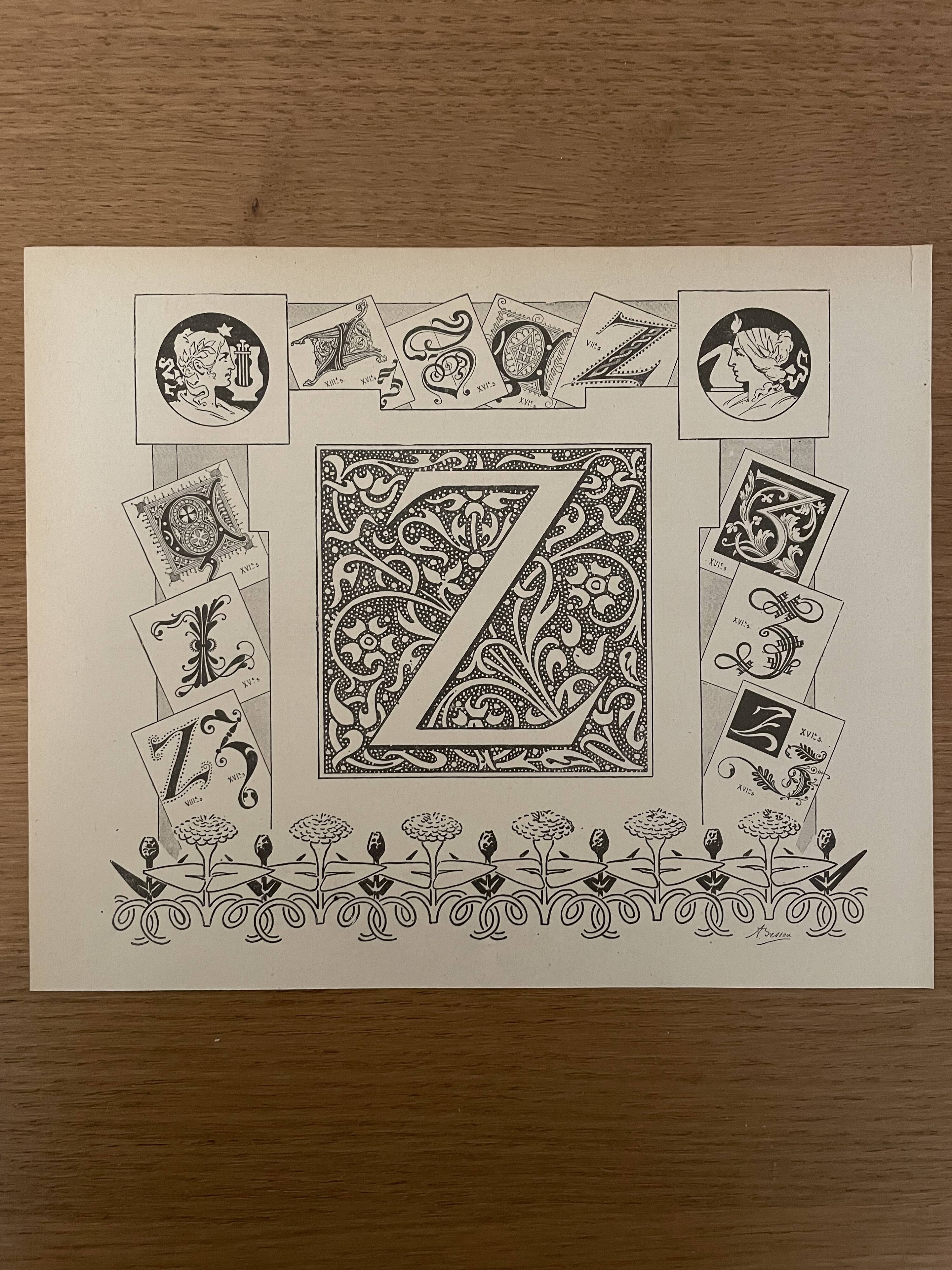 Lithograph engraving alphabet letter Z from 1897