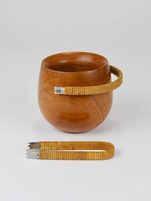 Carl Aubock sugar bowl & tongs, walnut, nickel, cane, no. 3536, 1940s
