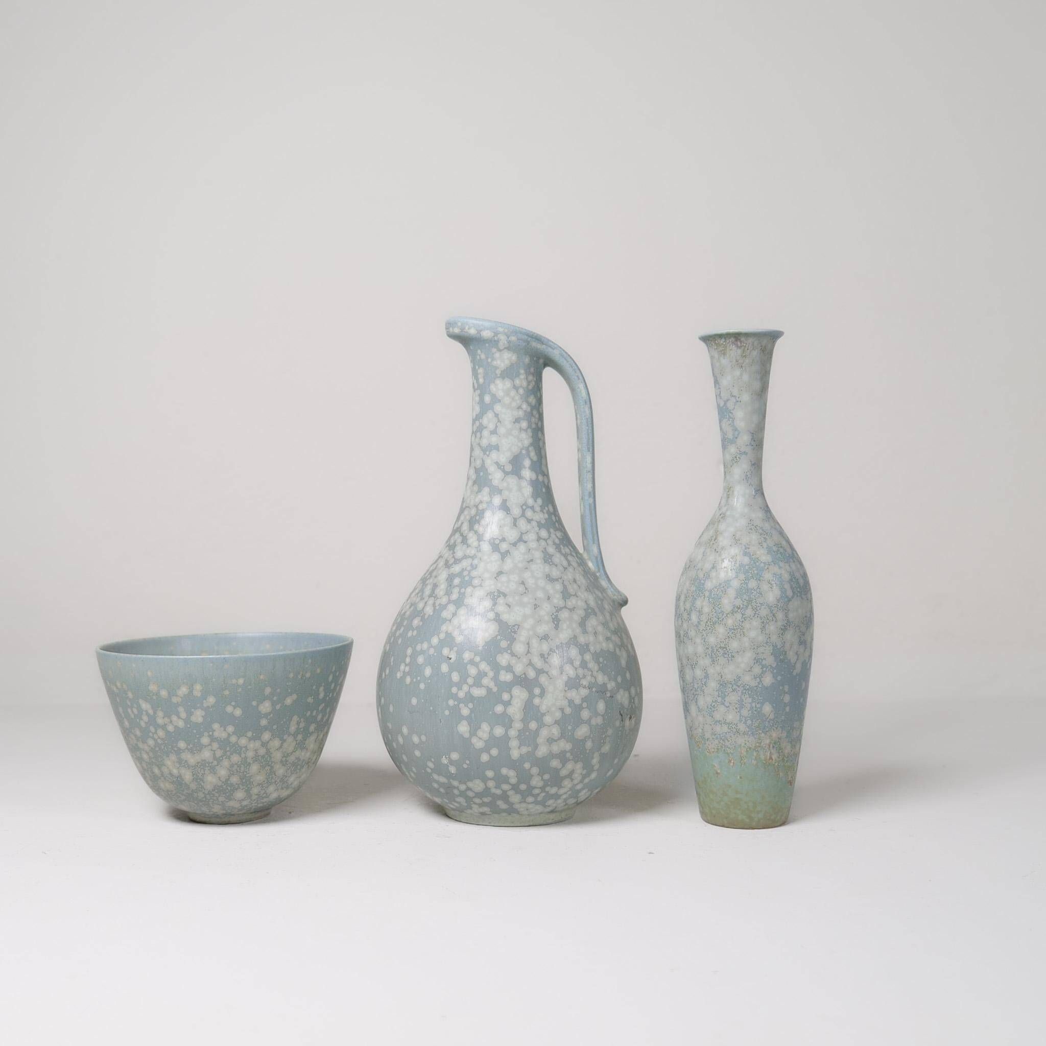Mid-century modern three-piece ceramic set by Rörstrand, Gunnar Nylund, Sweden, 1950s.