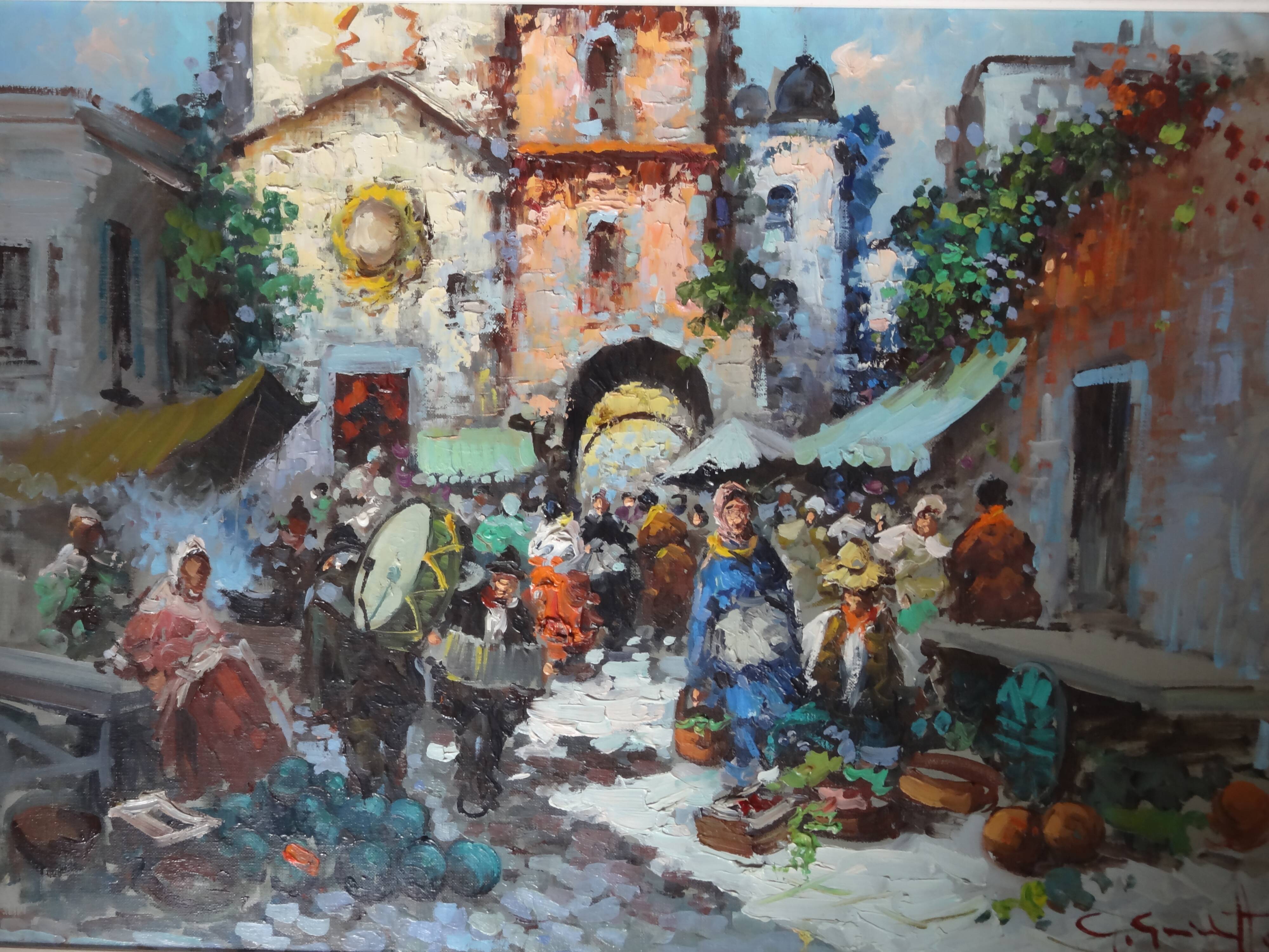 Neapolitan market scene, Oil on canvas 81 x 61 by Giovanni GUIDOTTI
