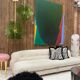 Midmodern Style Italian Brass Pendant Lamp with Bright Green Murano Glass Slabs