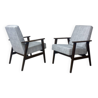 Pair of Henryk Lis 300-190 armchairs, 1970s, heathered grey-blue fabric. Ref: