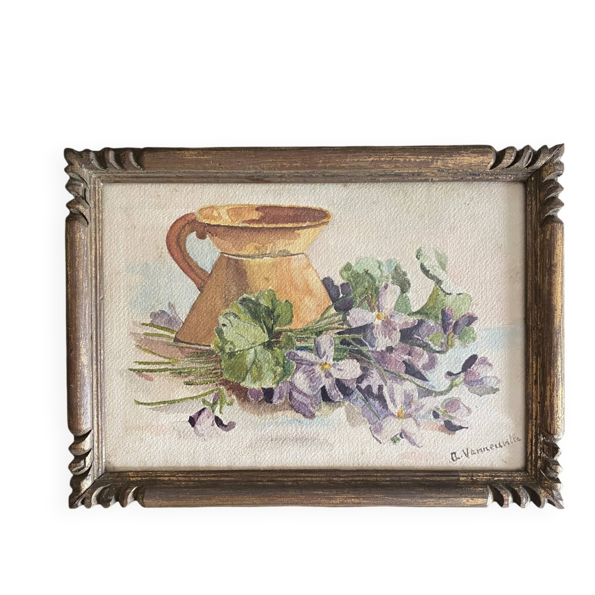 Peinture ancienne bouquet de fleurs, nature morte aquarelle violettes