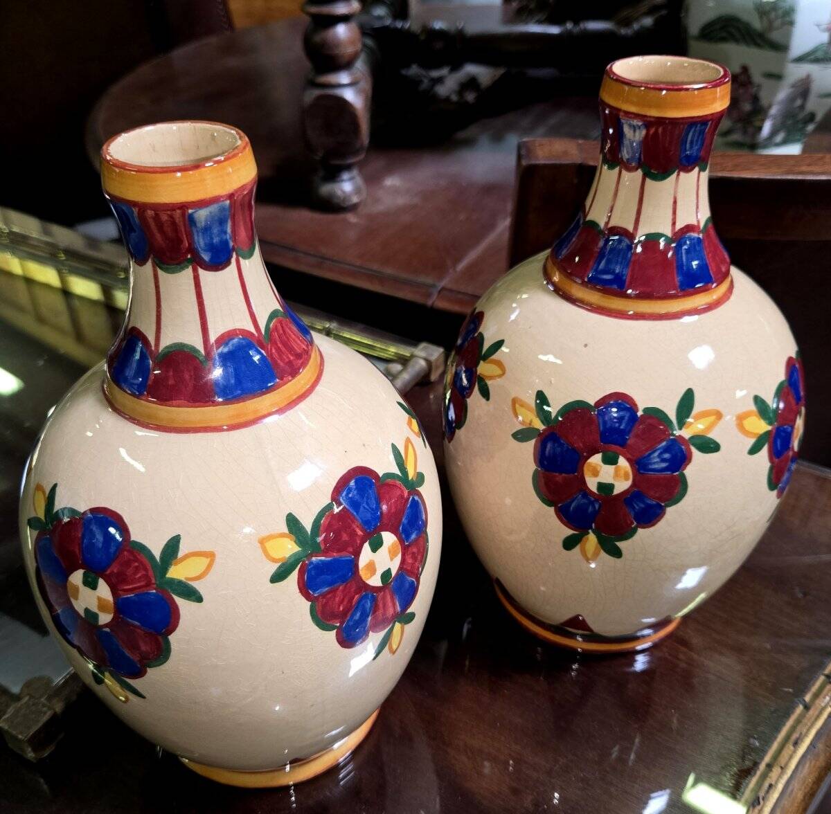 Desvres by Henri Delcourt: pair of signed Art Deco vases.
