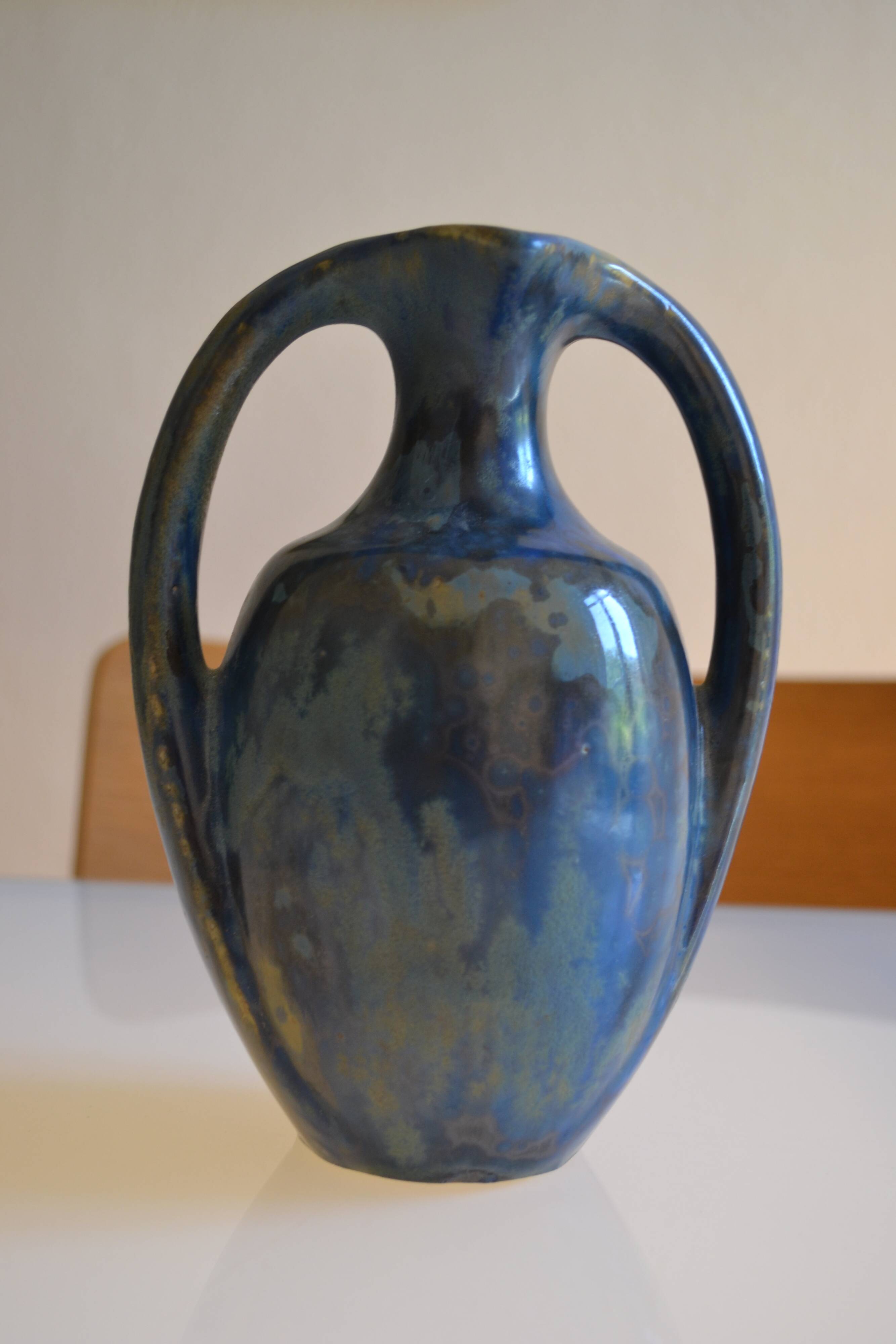 Iridescent Pierrefonds stoneware amphora vase, Art Deco, 1930, signed