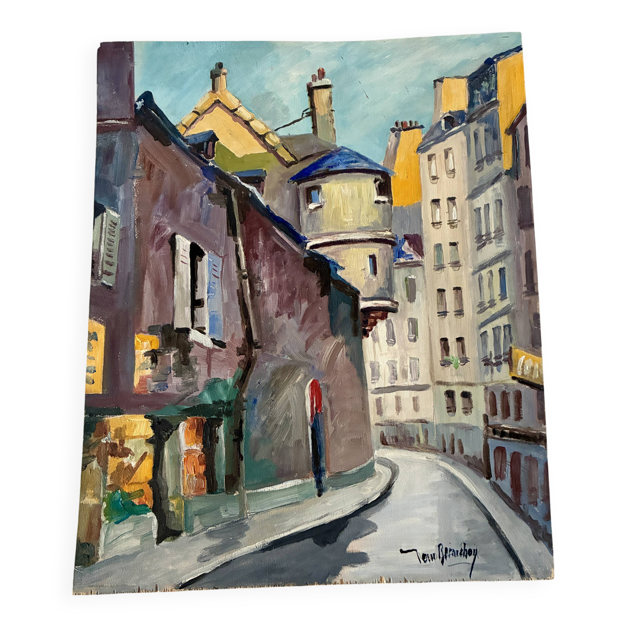 Old painting oil on Isorel "Paris street of the Town Hall"