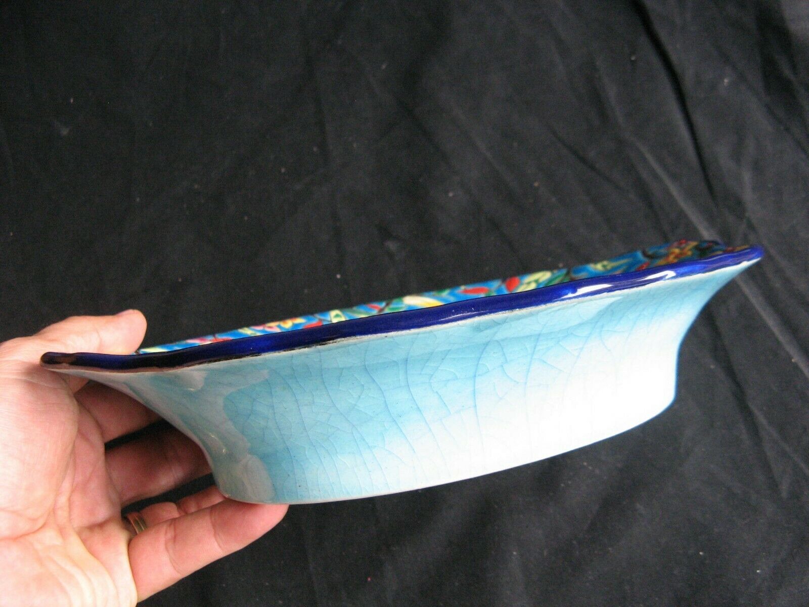 Panière enamels de Longwy decoration turquoise blue background and flowers