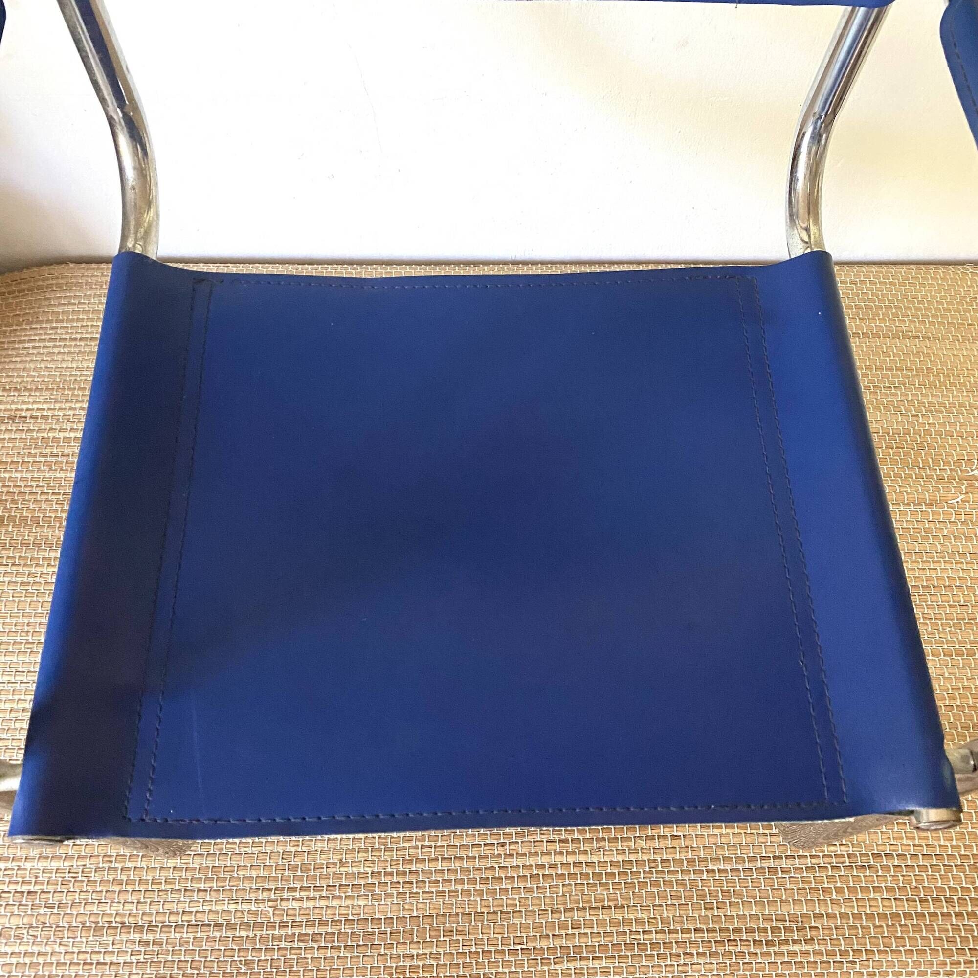 Office chair in blue imitation leather and chrome metal, Matteo Grassi style