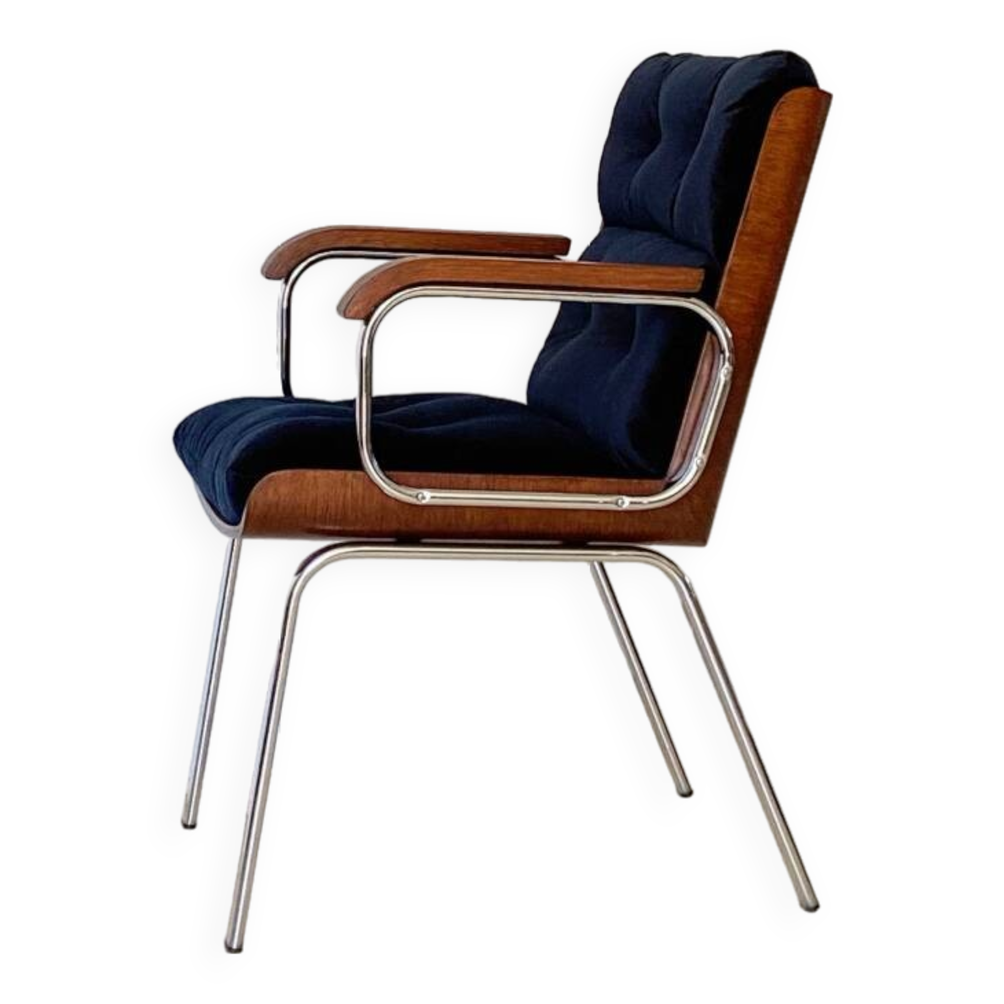Vintage wood and metal velvet armchair