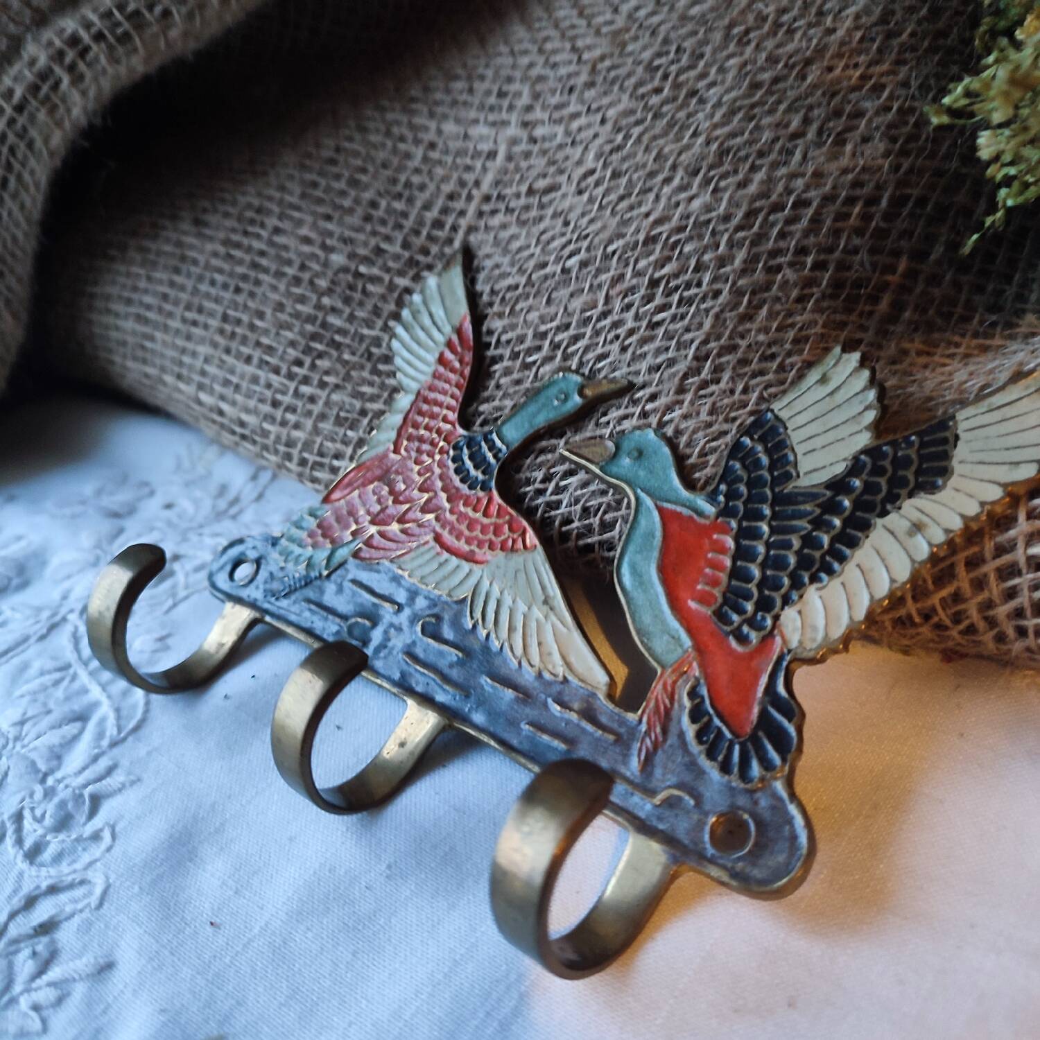 Vintage enamelled metal wall coat rack, duck motif, made in