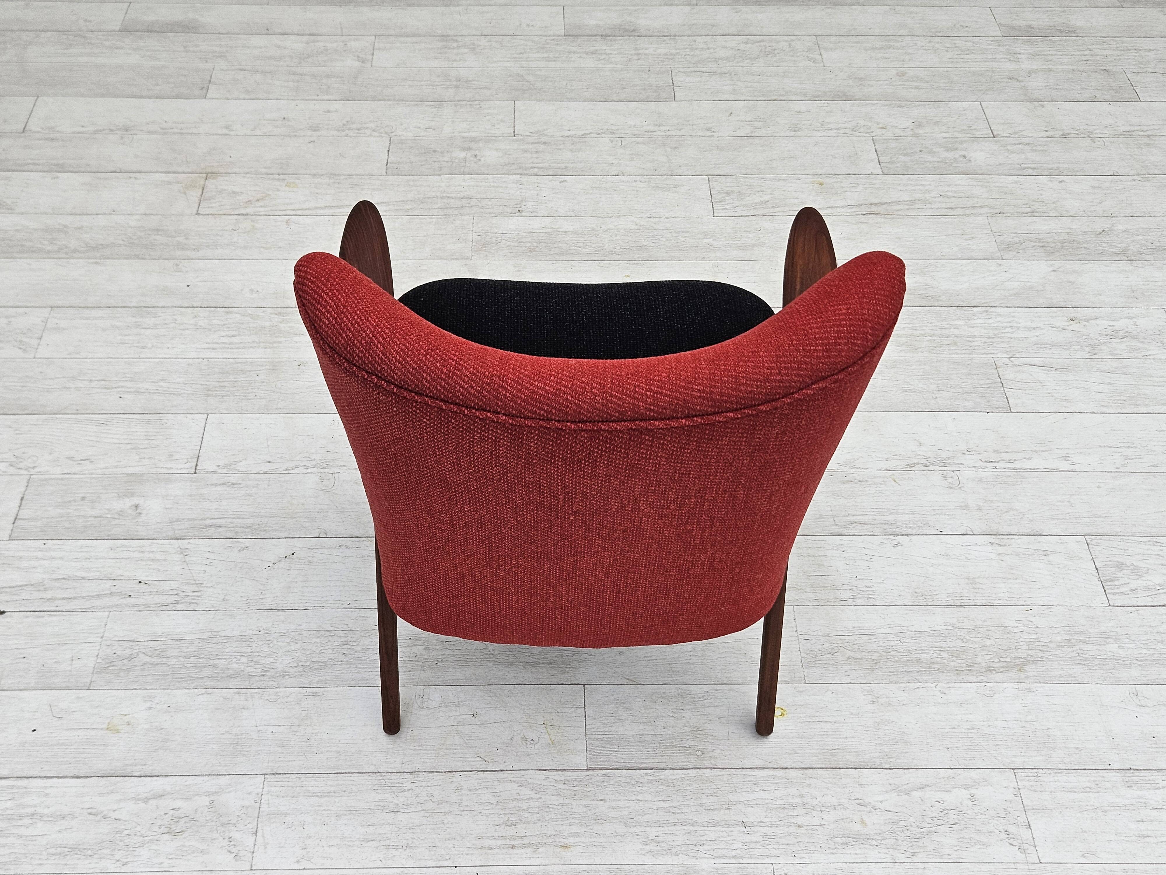 1960s, Danish design by Erhardsen & Andersen, reupholstered armchair, furniture wool, teak wood.