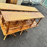 Vintage 50s set: large table - tripod base and woven chestnut benches