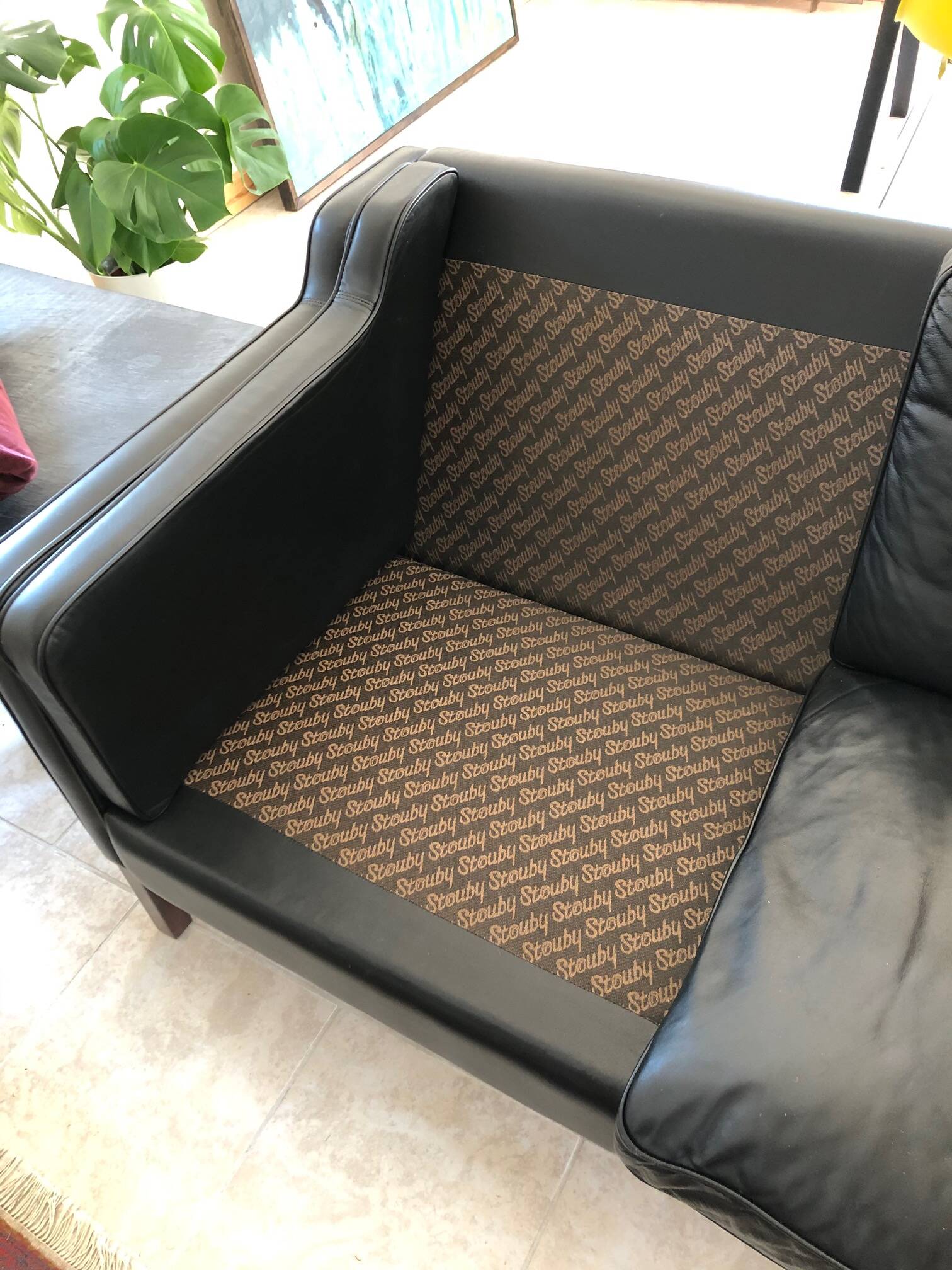 Vintage danish black leather 3 person stouby sofa