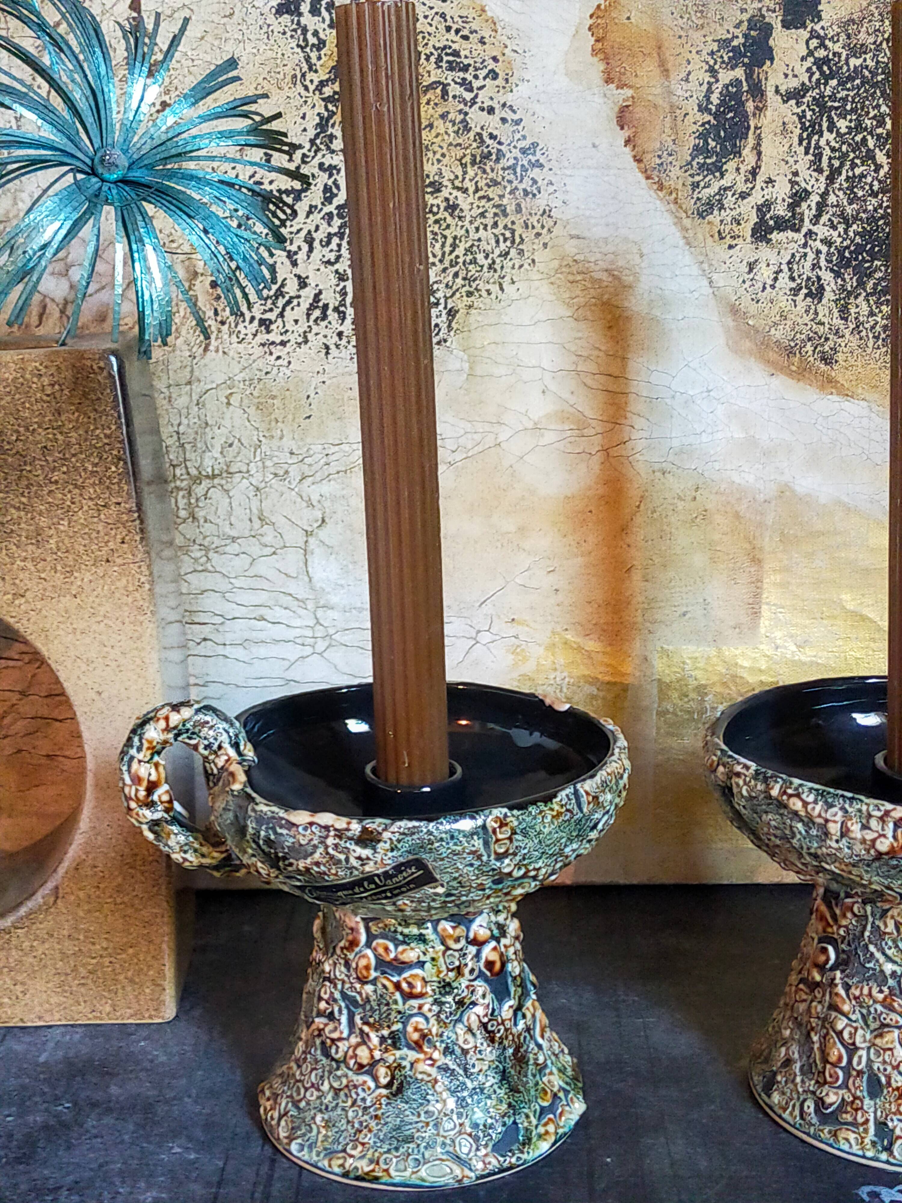 Pair of vintage Vanoise honey foam ceramic candlesticks