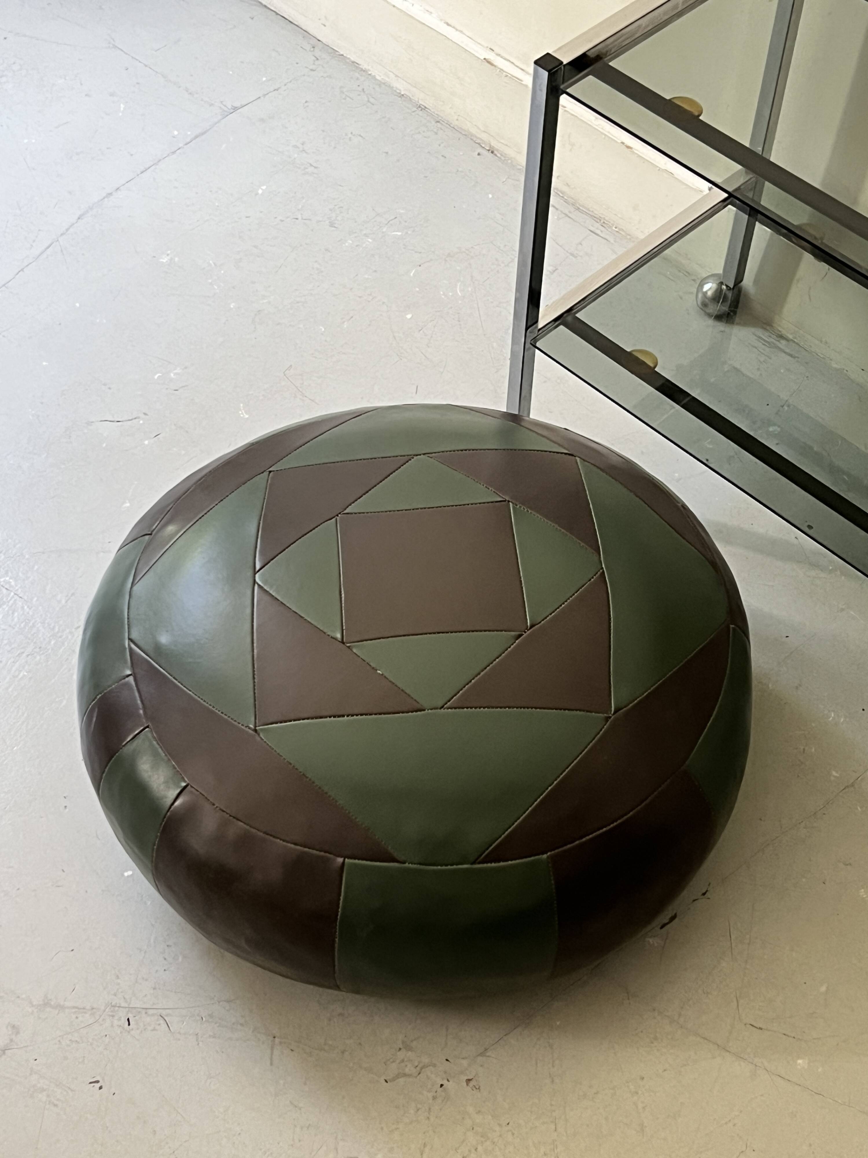 round pouf in genuine green and brown patchwork leather, 1970