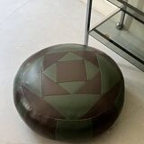 pouf rond en cuir véritable patchwork vert et marron, 1970